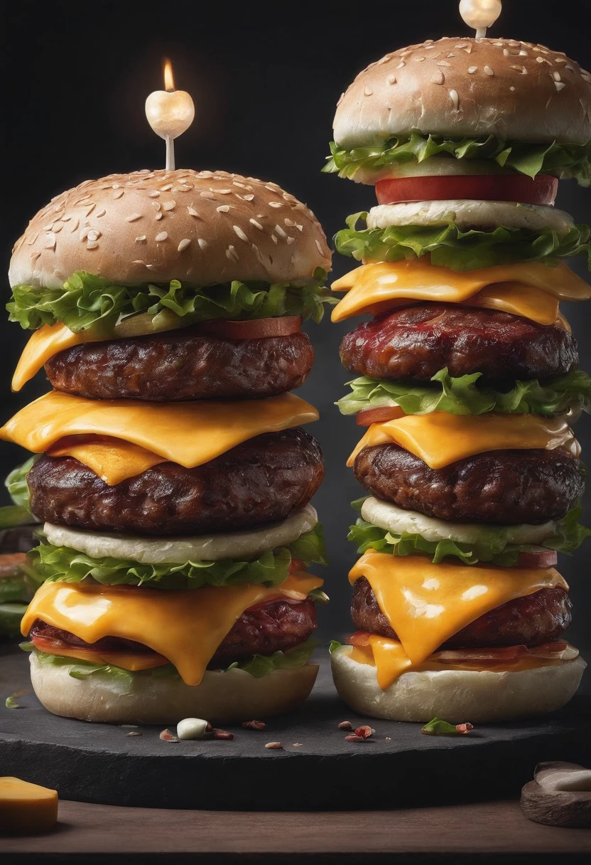 Three-tier burger，Cheese spill，Dark tone，lightand shade contrast