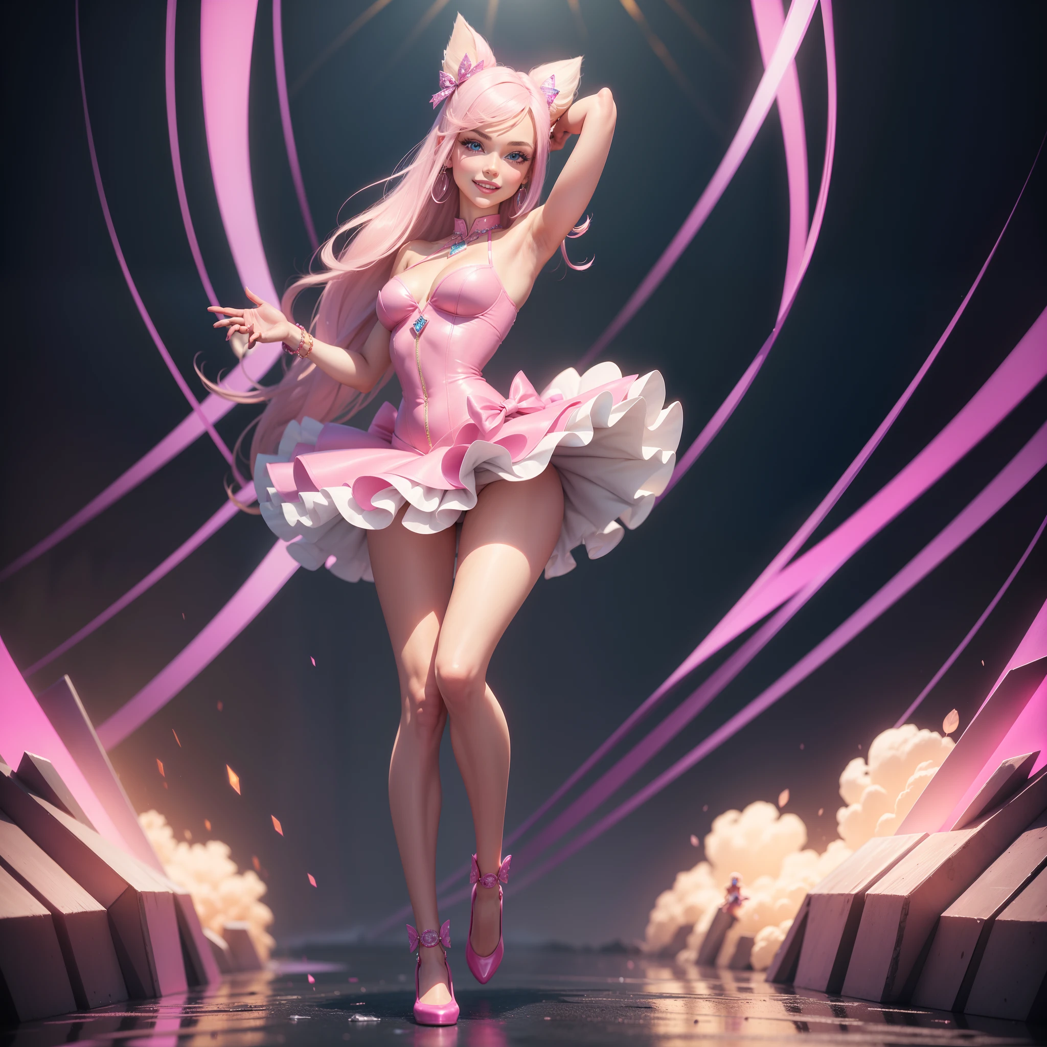 Barbie, ((Full body)), Blue eyes, Smiling face, Hair loss swaying in the wind, Hip Hop Singer Pose, Dressed in hip-hop style, Wearing a pink salopette that reflects light,swarovski,pasties,With a pink bow on the arm, Fashion, Extremely high quality, high details, 8K, clean back ground, in studio, ((Full body shot)),Align your fingers neatly,Accurate Hand Modeling,wave her hand,