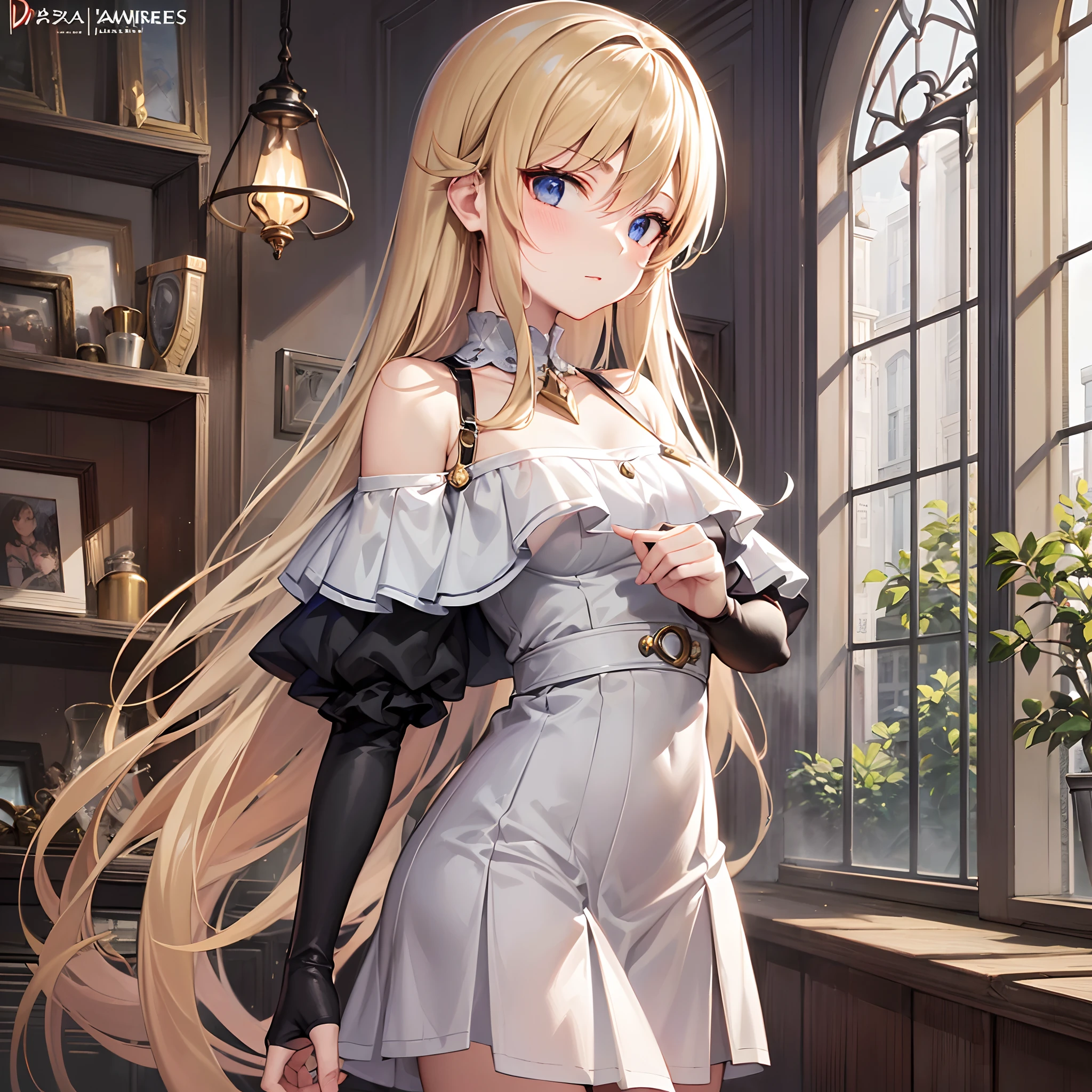 ((Finest quality)),(超A high resolution),(ultra-detailliert),((Best Anime)),sharpnes,Clair,Art with astounding depictions, (1人の女性),Ash Blonde Side Tail,(Off-shoulder sheath dress),small tits