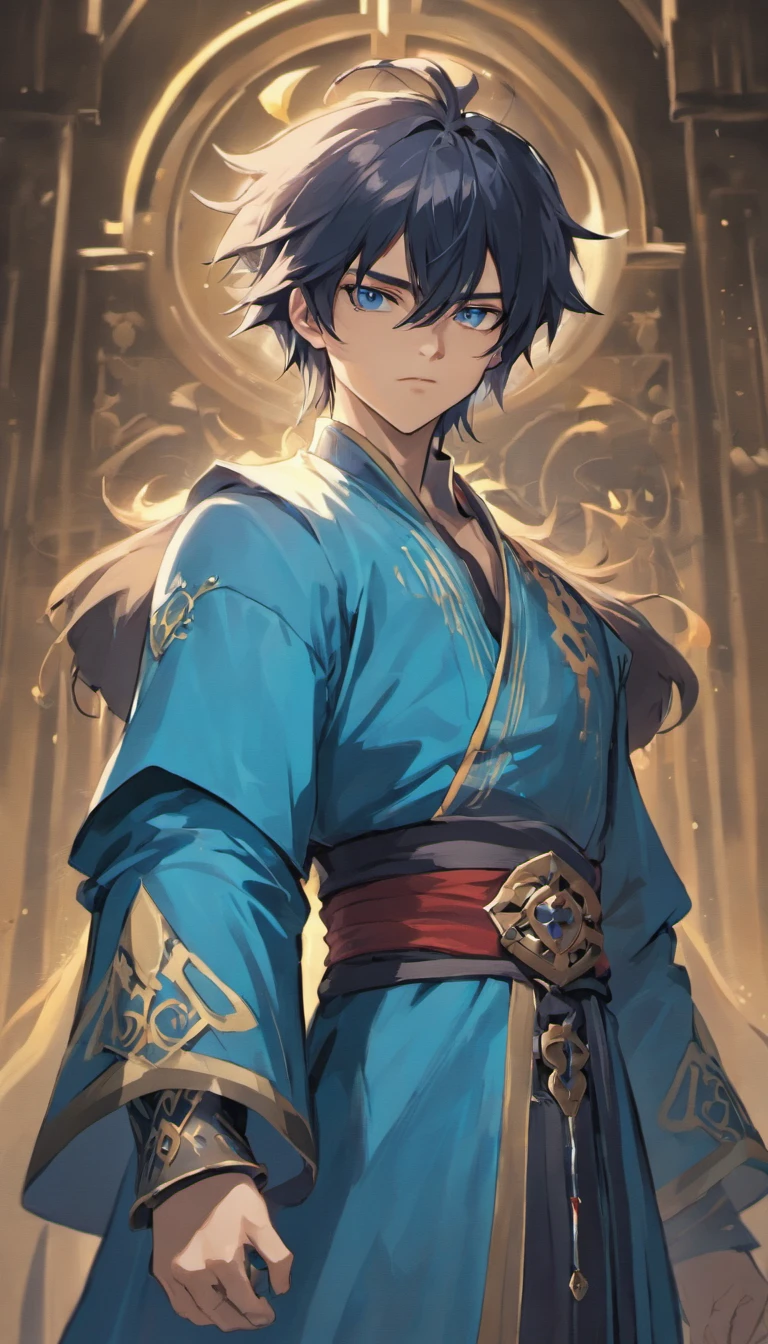 quadratic element,style of anime,mtu(Male Warrior),The proportions are correct,Face details,swordsmen,High ponytail hairstyle,Neck details,There is an Adam's apple,Blue suit,kaftan,long blue robes,clothes details,Handing over,longer sleeves,Game quality,Swordsmanship,Light and shadow tracking,Ray traching,detailed glow,cg render,hair detail,Black long hair,blue colored eyes,Handsome,Handsome,(juvenile sense),Clothing is complicated,Perfectcomposition,Refinement,high qulity,higher details,Lots of details,The background is complex,a sense of atmosphere,