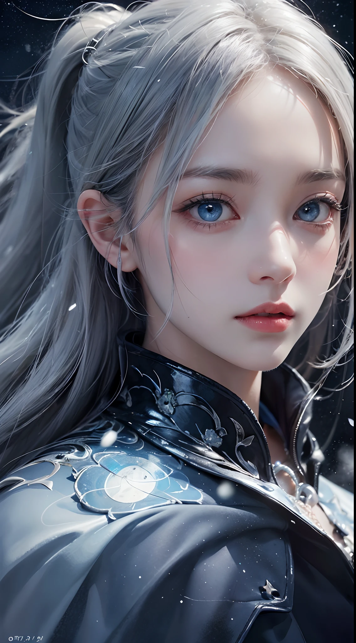 Masterpiece, (Best quality: 1.2), (Super fine: 1.2), illustration, (Extremely delicate and beautiful: 1.2), Film angle, Floating, (beatiful detailed eyes: 1.1), (Detail light: 1.1), film lights, Exquisite sky, woman, White hair, Blue eyes, (High ponytail: 1.1), Cloak, Glowing eyes, (Moon: 1.2), (Moonlight: 1.1), Starry sky, (Light particles: 1.1), Heavy fog , Snow painting, sketching, full bloom