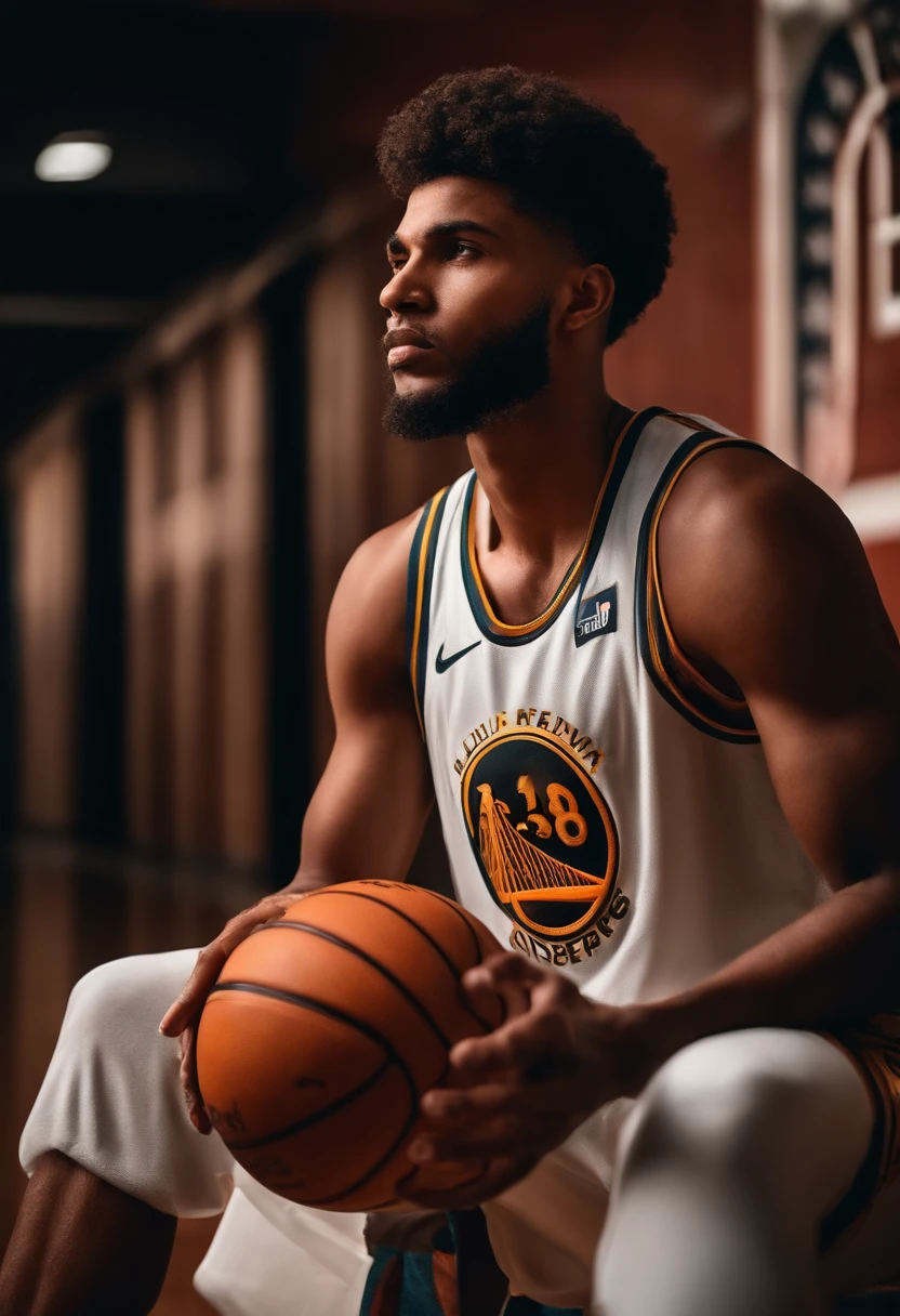 Homem jovem, cabelos cacheados, com roupas de basquete em uma quadra estilo NBA, Fazendo uma enterrada. 8K