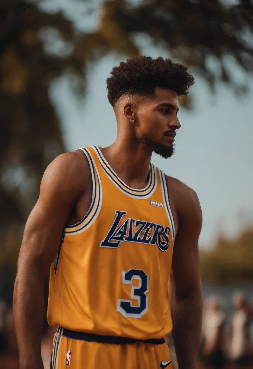 Homem jovem, cabelos cacheados, com roupas de basquete em uma quadra estilo NBA, Fazendo uma enterrada. 8K
