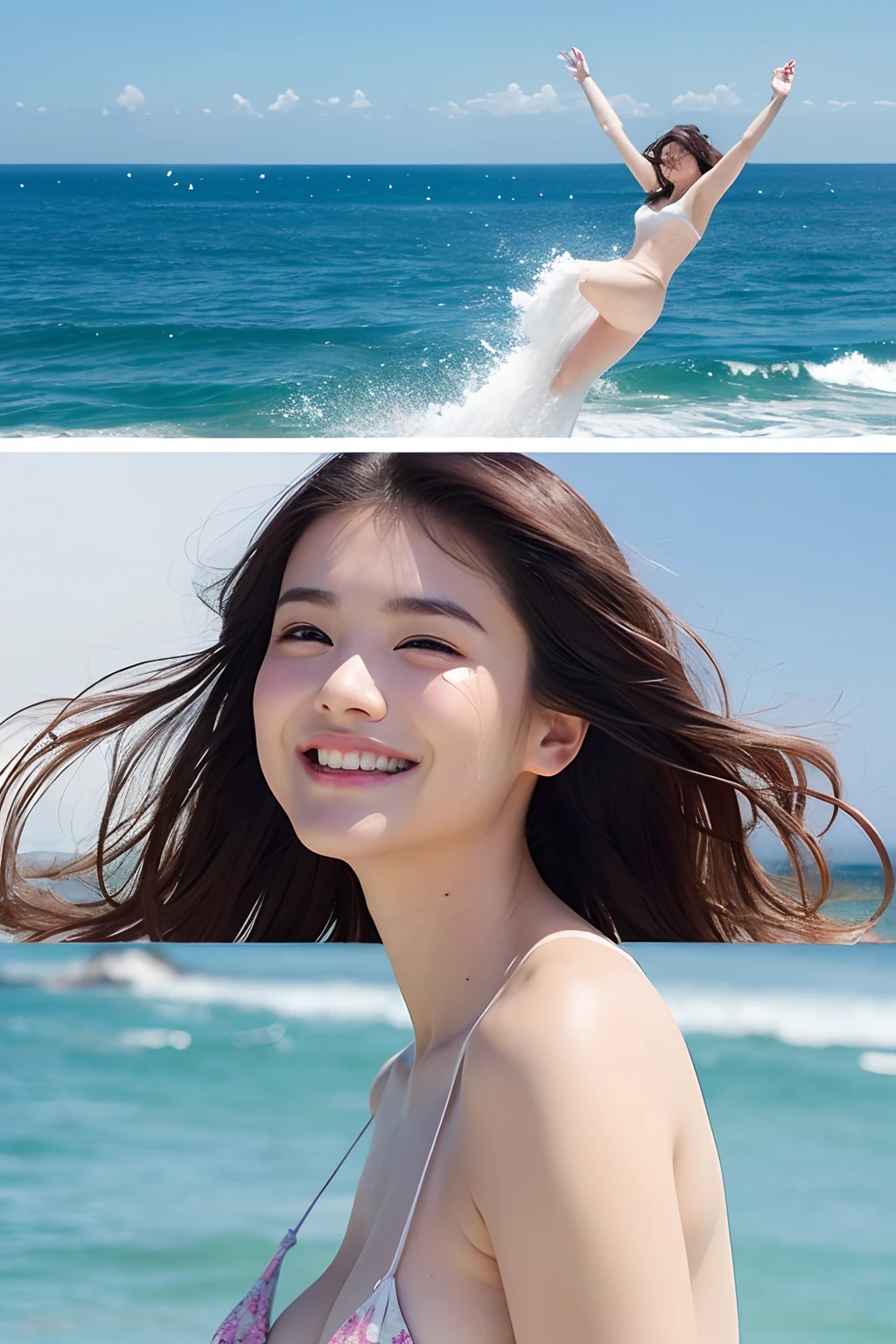 (extra detailed body、extra detailed face、best qualtiy:1.2)、femele、looking at the viewers、(Beautiful woman who bursts out laughing)、(ocean in background)