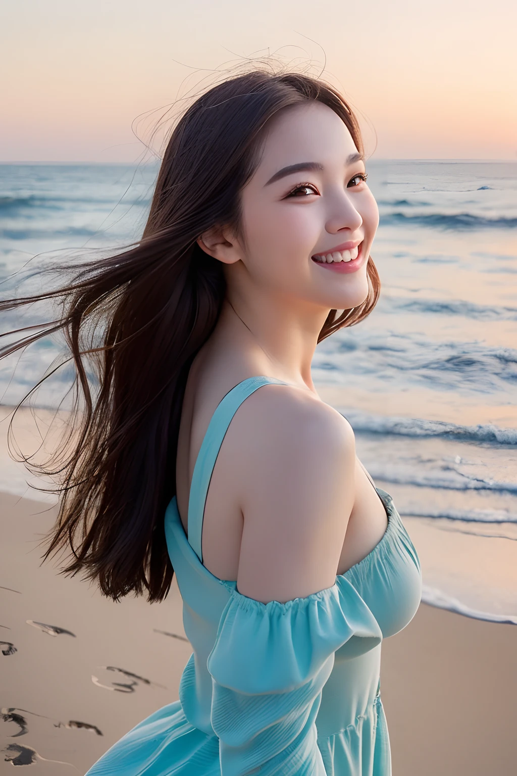 (extra detailed body、extra detailed face、best qualtiy:1.2)、femele、looking at the viewers、(Beautiful woman who bursts out laughing)、(ocean in background)