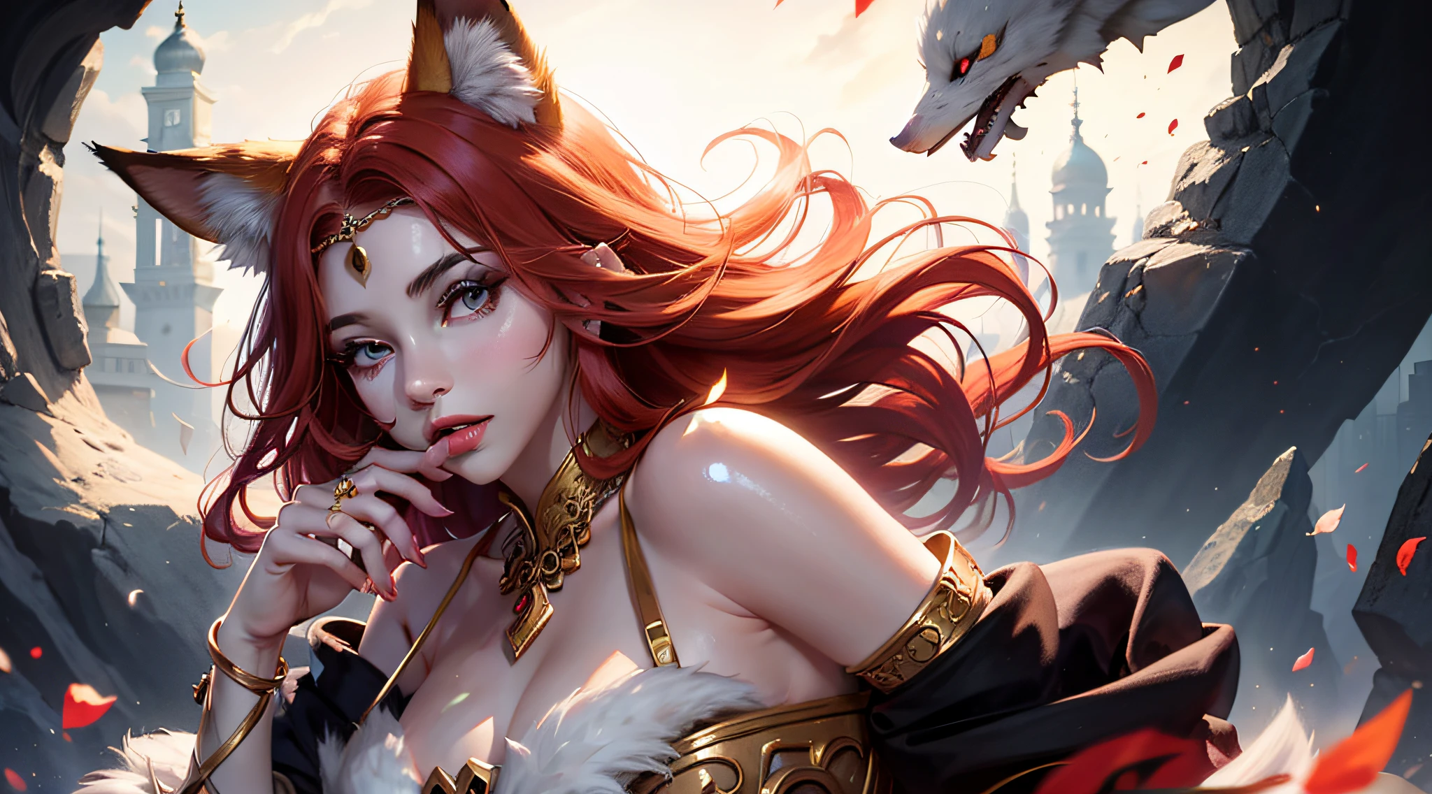 Beautiful fox girl, Arnouveau style, fondness, Fox ears, light red hair is very long, sunlight rays, airiness, grace, Floral ornament, The clothes of an ancient priestess, jewels, sly look, bites his lower lip, Fang in the mouth, chiffon, Silk, Correct eye proportions, there is a fox tail, Expressive orange eyes, long eyelashes, Dark Eye Makeup, plump wet lips, Texture skins for the face, A lot of air, higly detailed, Doubleexposure, 30 thousand....., hyper realisitc, Hi-Def, soft-lighting
