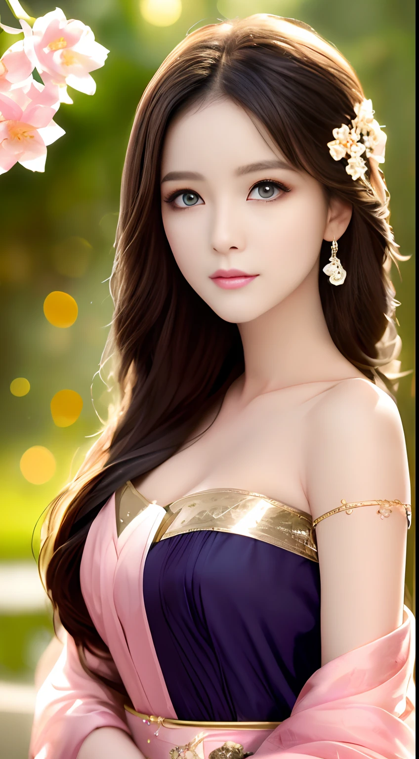 best qualtiy，tmasterpiece，A high resolution，1girll，Dingdall effect，realisticlying，edge lit，twotonelighting，（highdetailskin：1.2），8K  UHD，Pure，Sweet，Flower background，Colorful background，Based on physical rendering，Perfect light and shadow，extreme hight detail，Pink tones，Eye reflections，Raised sexy，perfect bodies，Superb beauty，largeeyes，long eyelasher，Delicate eyes，large shiny eyes，Minor pupillary reflexes，Shoulder and neck details，The pupil texture is delicate，Perfect eyes，Black pupils，best qualtiy，tmasterpiece，16k，A picture，head portrait，Bigchest，longer sleeves，Take care of your chest，Large breasts，Delicate avatar