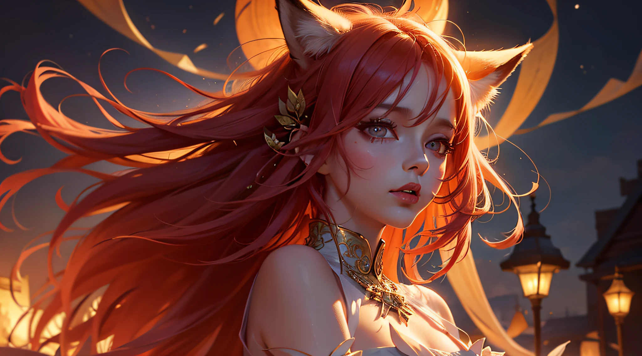 Red fox girl, small animal ears, stern look, only the face and neck, no jewelry, thick hair, intricate hairstyle, green eyes, super realistic, masterpiece, transparent white cloth clothes, fluttering sleeves, small transparent top, small neat chest, breasts show through clothes, nipples are small, nipples stick out frankly, modest posture, clothes do not cover anything