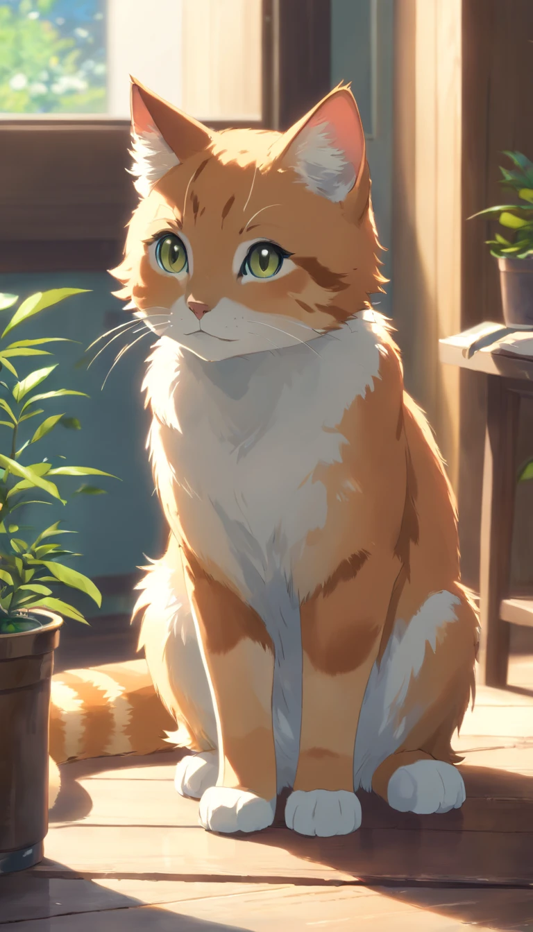 There is a cat sitting on the floor next to a potted plant - SeaArt AI