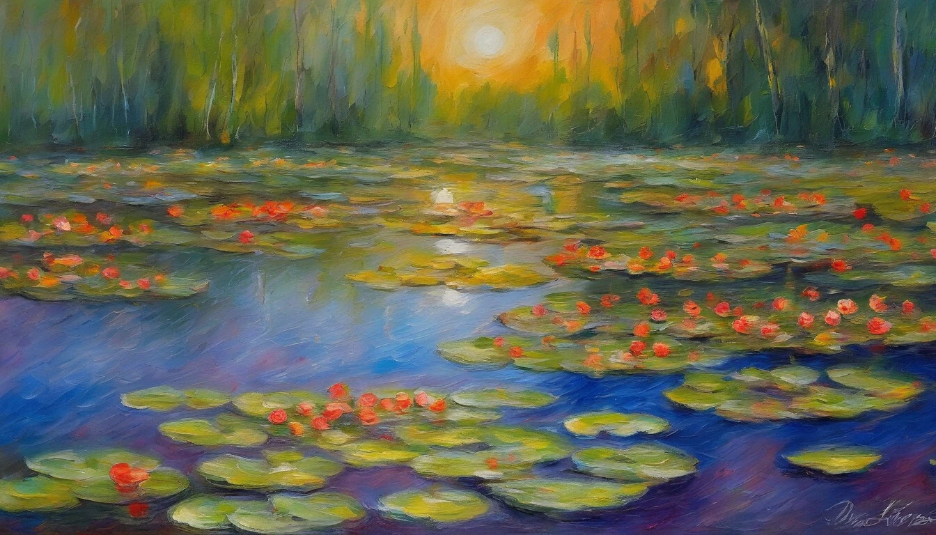 Monet's Pond、The dim、(A fish jumps out of the water),Colors are eye-catching,sharp、、View of the Milky Way from the horizon