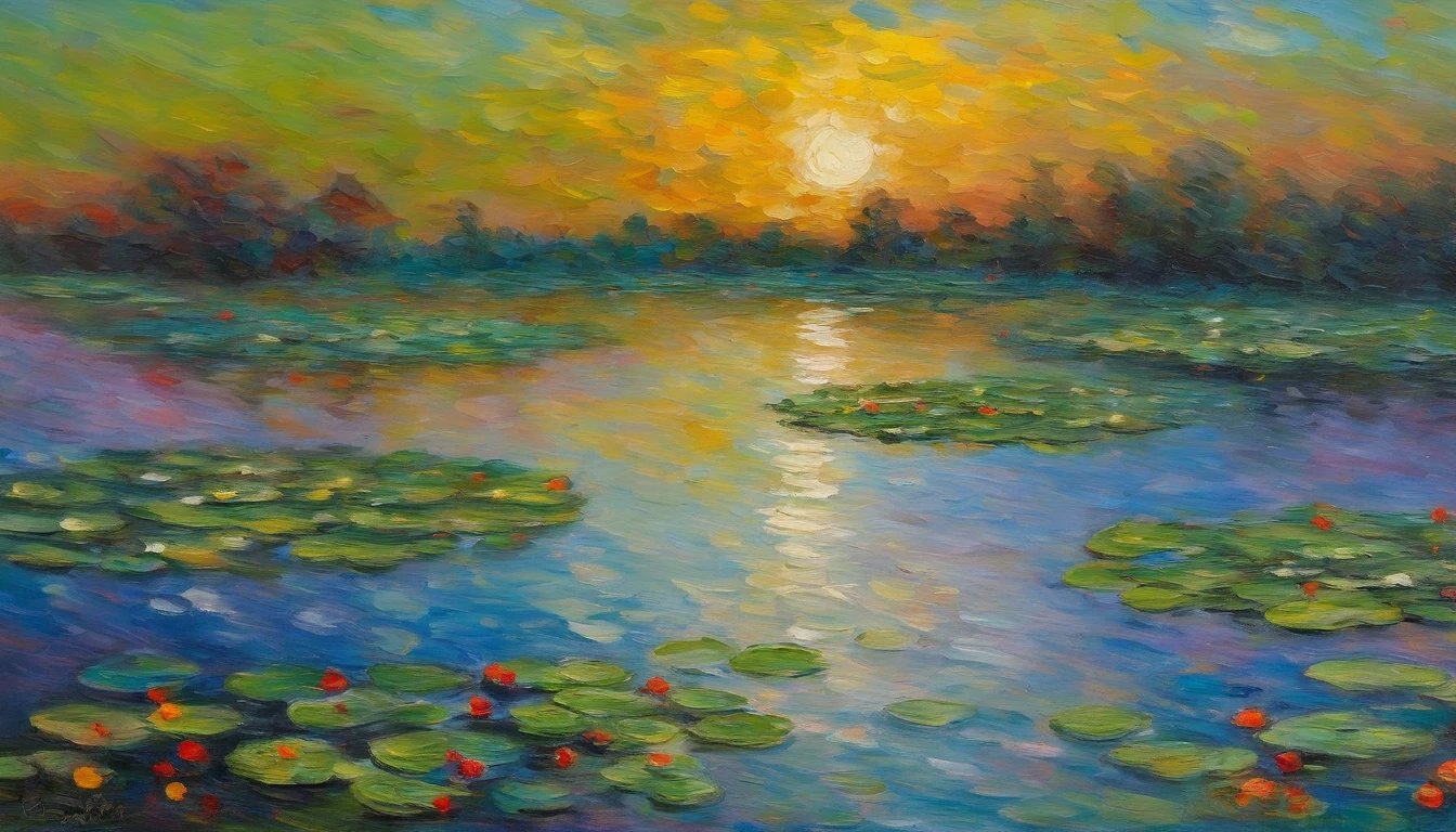 Monet's Pond、The dim、（A fish jumps out of the water），Colors are eye-catching，sharp、、View of the Milky Way from the horizon