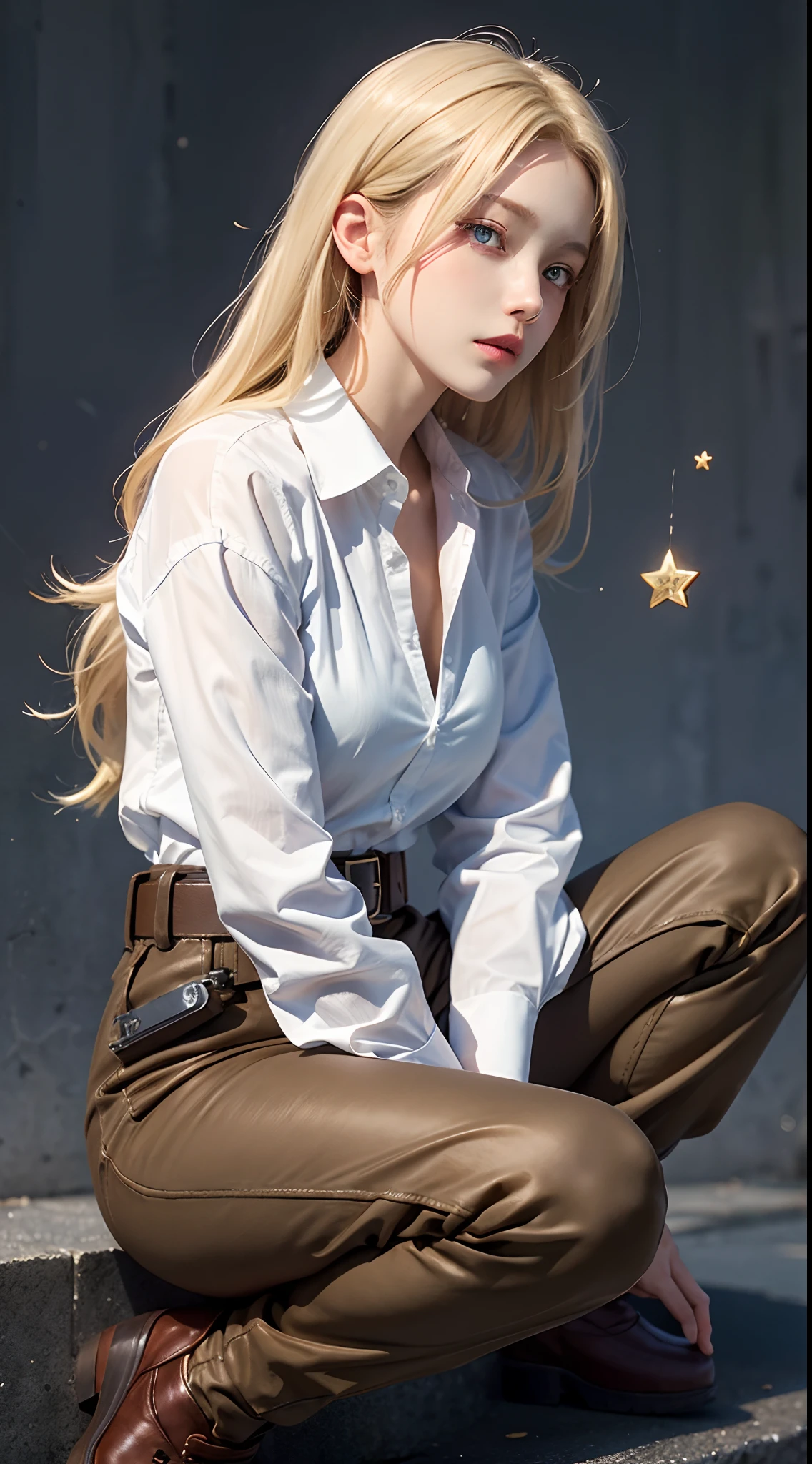 Ott style, shingeki no kyojin,, , Krista Lentz,, 1girll, belt, belt buckle, Blonde hair, Blue eyes, brownfootwear, Brown pants, Buckle, Chest belt, Collared shirt, Diamond (Shape), Floating hair, From the side Side, full bodyesbian, greybackground, hair between eye, hands on own thighs, Long hair, Long sleeves, watching the future, Own hands together, Pants, parted lip, shirt, shoes, Sitting, Solo, Sparkle, Star (symbol), thigh band, White shirt, , , ((Masterpiece)), Best quality, ,