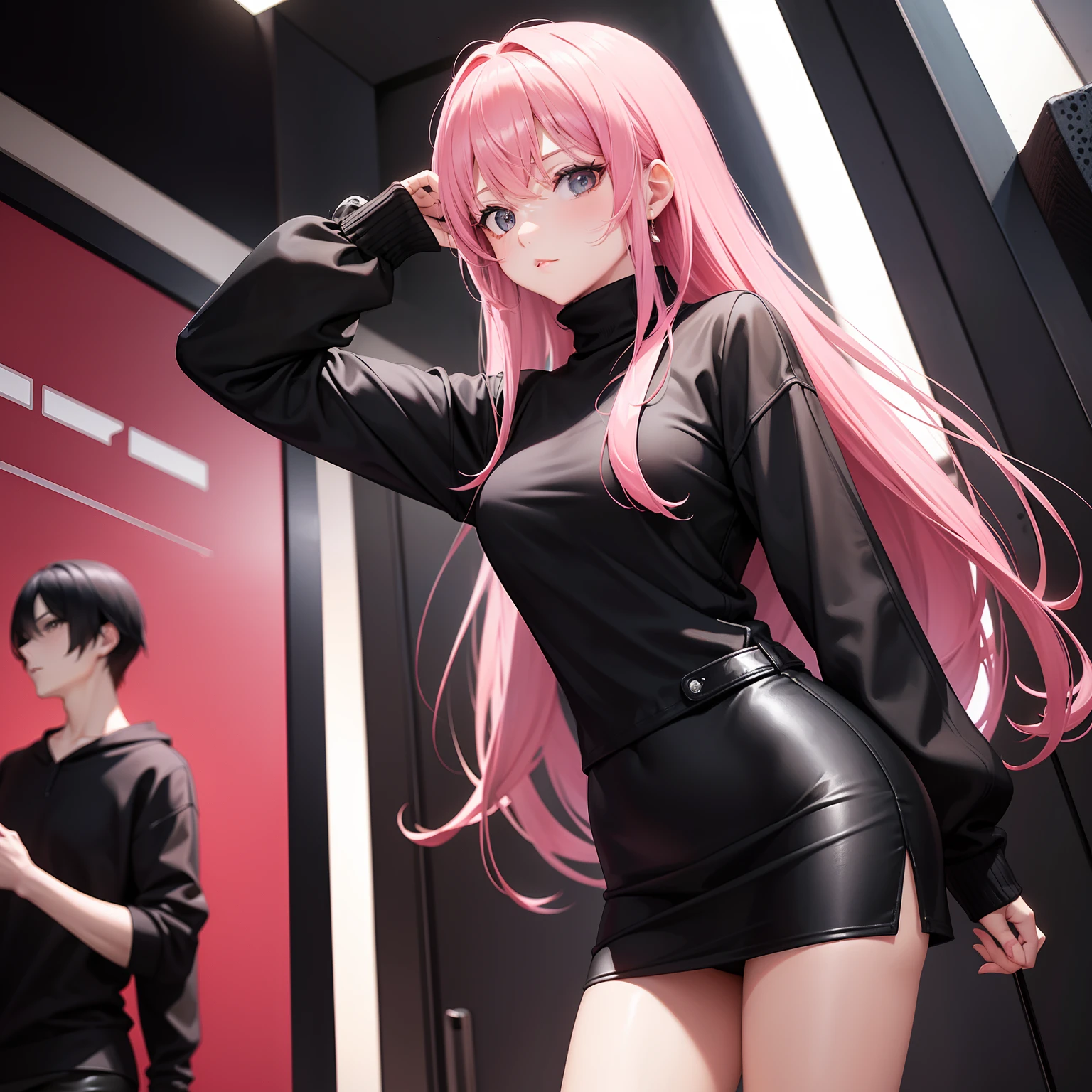 Leader of the Runaway Ladies, Long black jumper, a cool、a miniskirt, Long pink hair, Looking at the viewer, Front view,