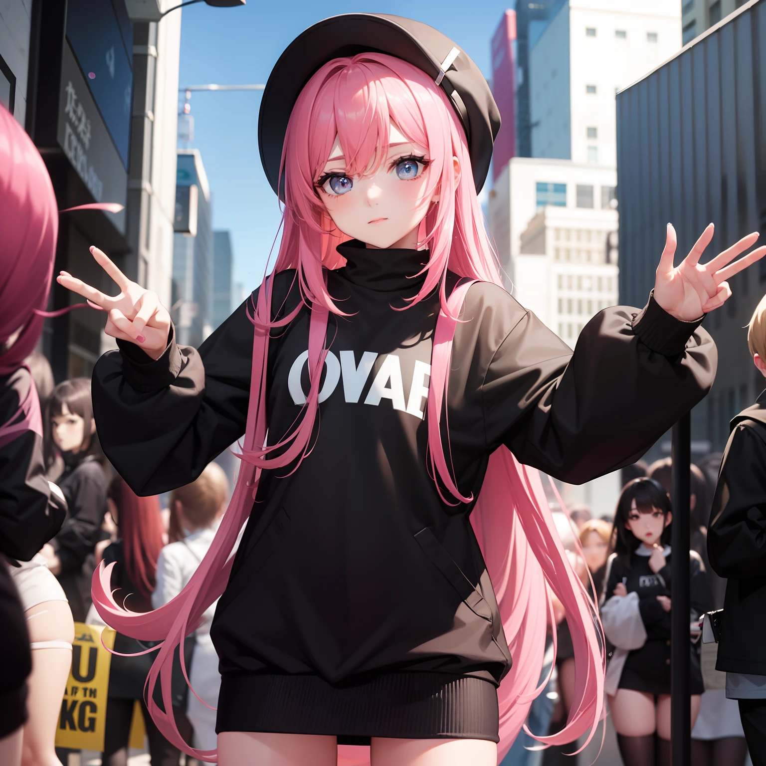Leader of the Runaway Ladies, Long black jumper, a cool、a miniskirt, Long pink hair, Looking at the viewer, Front view,