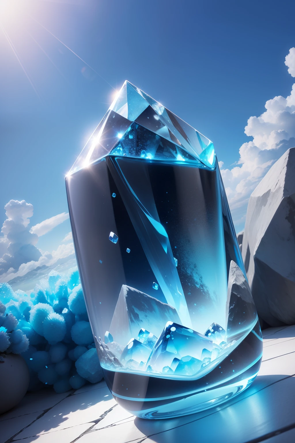 crystalline, Pedras preciosas, shining crystals, krystal, Blue Gemstones, The background is blue sky, tome, High image quality, HDR 4K ,Upscale、(Into the cloud、youthfulness、Ramune)