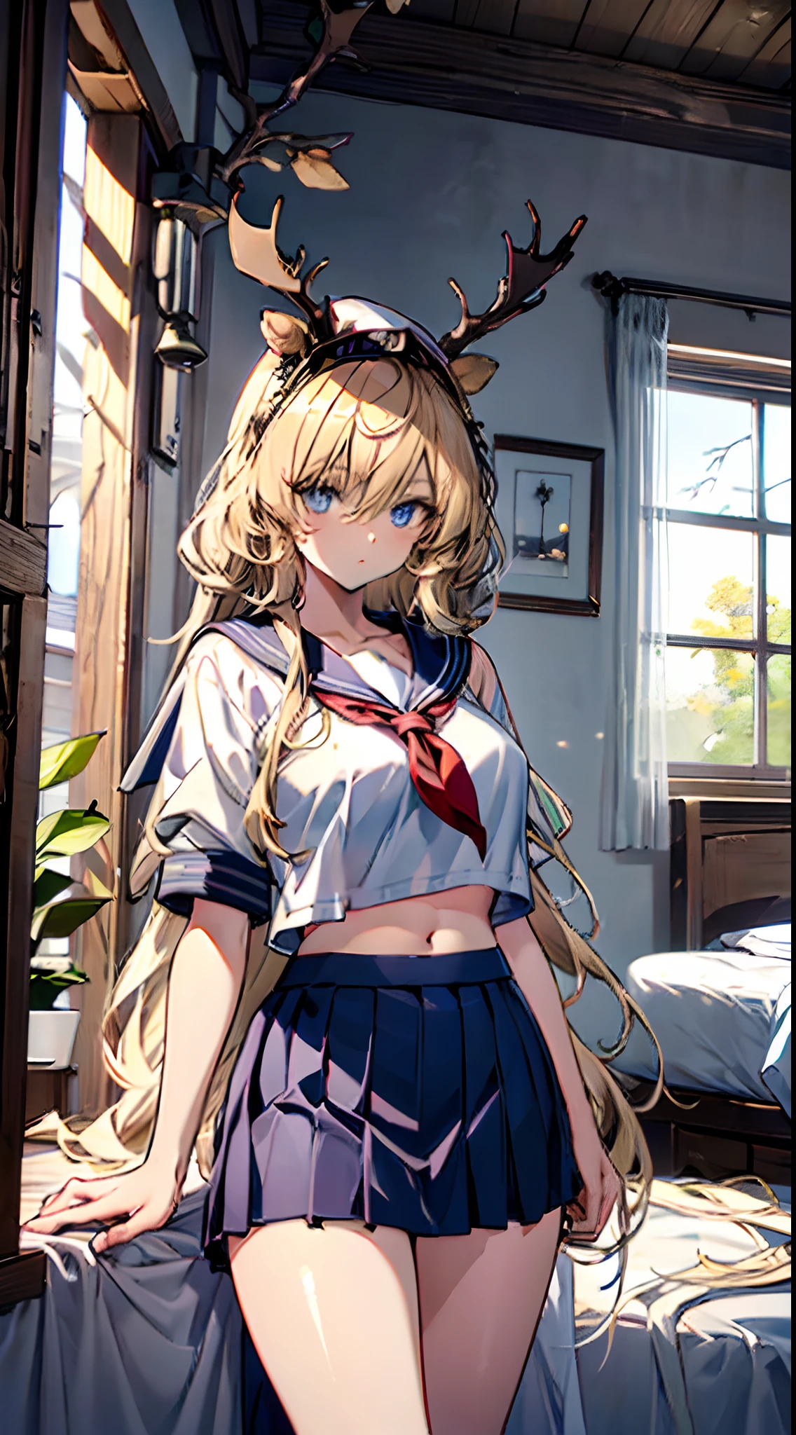 (((super-fine))).Beautiful illustration、top-quality、Cute little girl s、Bedroom、Golden hair、long whitr hair、(((pleatedskirt)))、(((a sailor suit)))、short- sleeved、a navel、Pull up the skirt,Bare legged、eBlue eyes、on top of the bed、Lovely thighs、glowing thigh