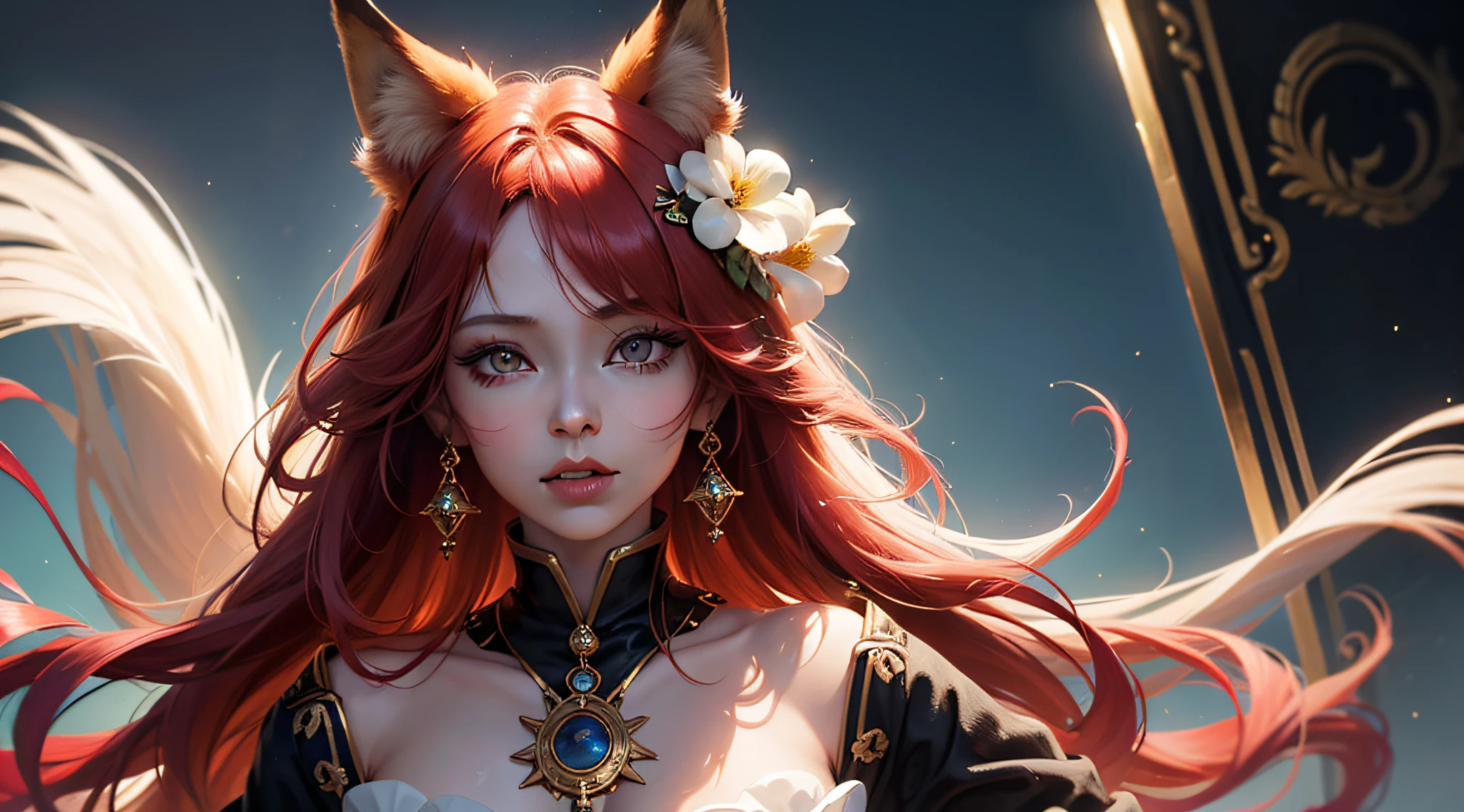 Beautiful fox girl, Arnouveau style, fondness,  Fox ears, light red hair is very long, sunlight rays, airiness, grace, Floral ornament, The clothes of an ancient priestess, jewels, sly look, bites his lower lip, Fang in the mouth, chiffon, Silk, Correct eye proportions, there is a fox tail, Expressive orange eyes, long eyelashes, Dark Eye Makeup, plump wet lips, Texture skins for the face, A lot of air, higly detailed, Doubleexposure, 30 thousand....., hyper realisitc, Hi-Def, soft-lighting