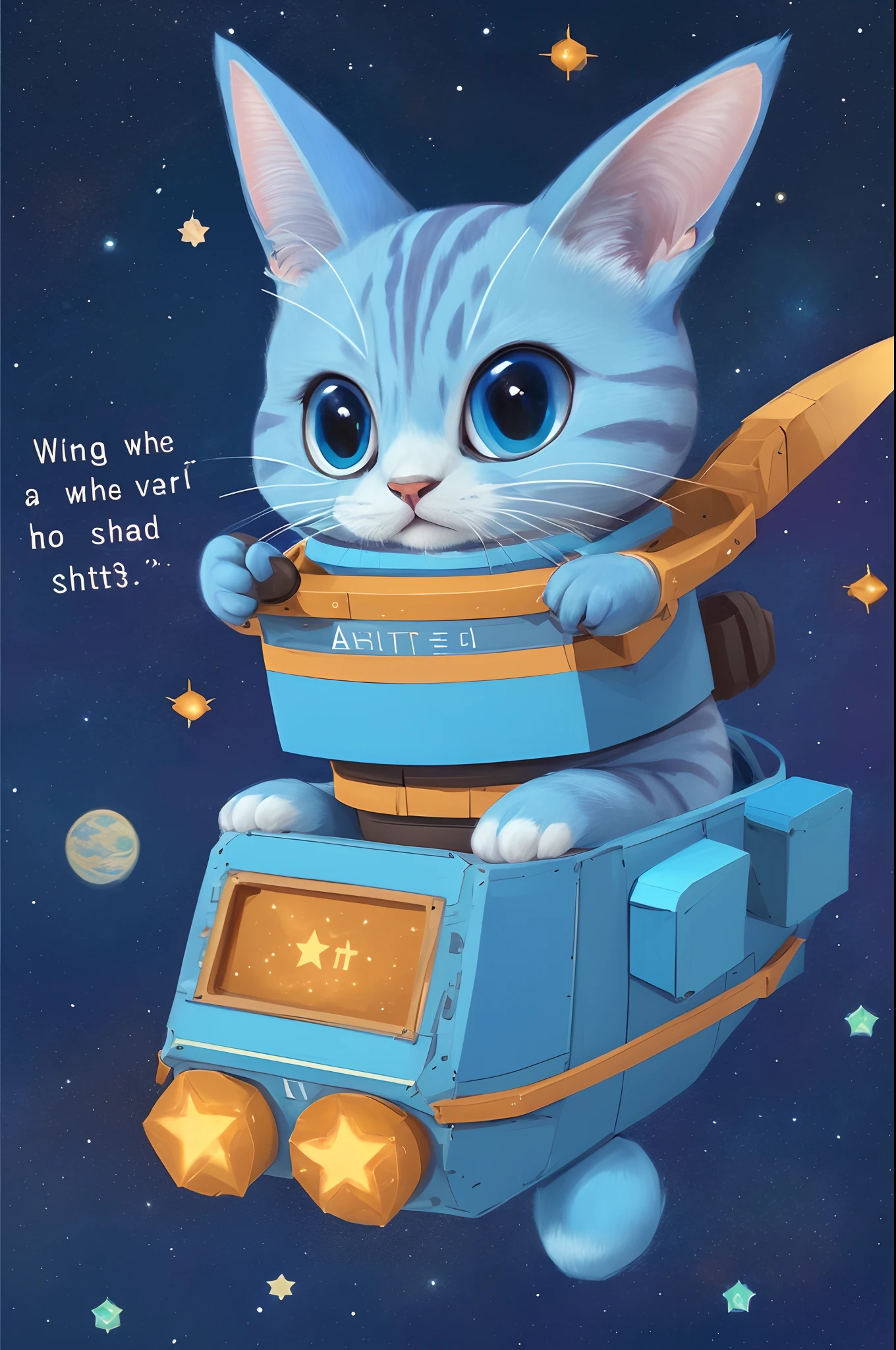 Draw a Scottish blue cat with pinched ears sitting in a spaceship flying among the stars with the inscription Artificial Intelligence