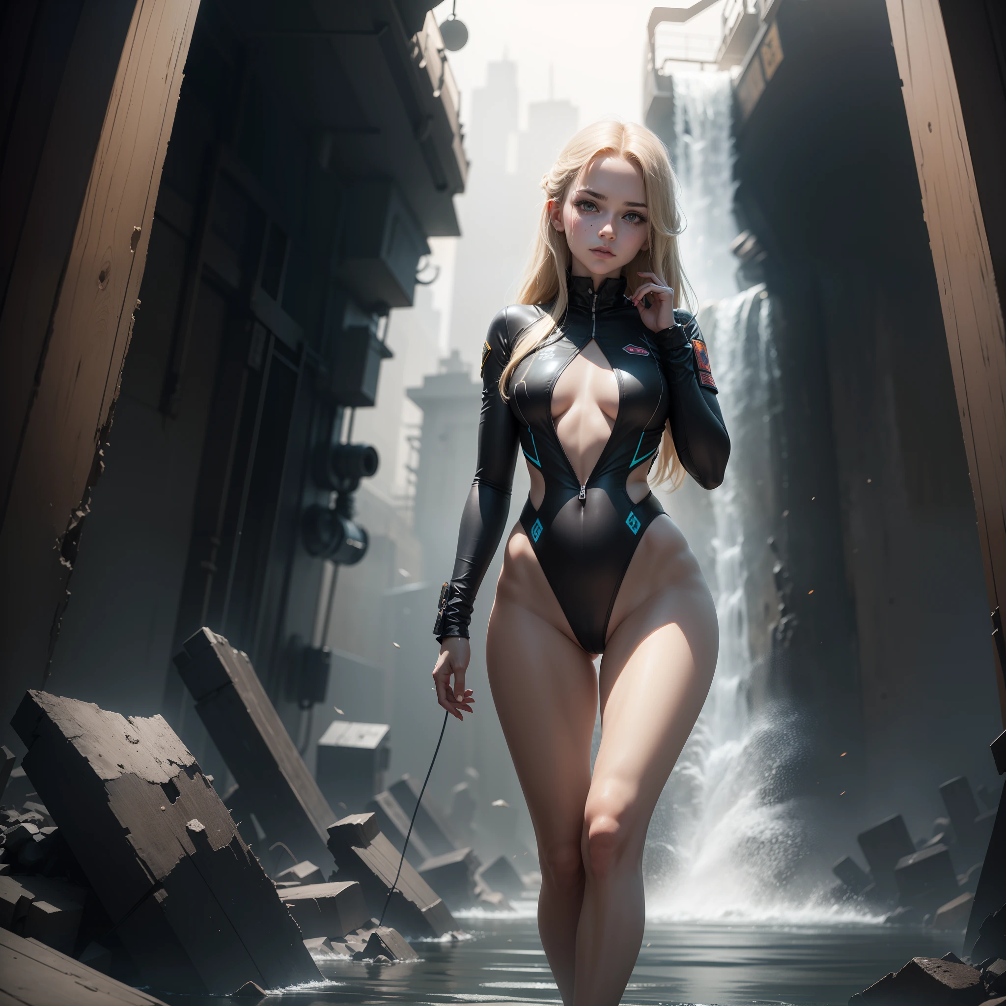 Ukrainian girl bathing at a waterfall , Background is the deck of an aircraft carrier and a fighter,Ukrainian anime girls , , Ukraine , Full body composition of young girl with messy bright blonde hair, eye make up, , Soft lighting, Solo, Old torn dirty shabby futuristic military uniform, badges, Pose,Don't look at the camera, Blotch color, Octane Render, Hyperrealistic intricate detail, Cinematic, 8K resolution, 70mm, Accent Lighting, Global Illumination, Full body portrait, clean detailed faces, intricate clothing, Cute face, flat chest, Slim waist, Slim legs, small hips,Wear a futuristic swimsuit,