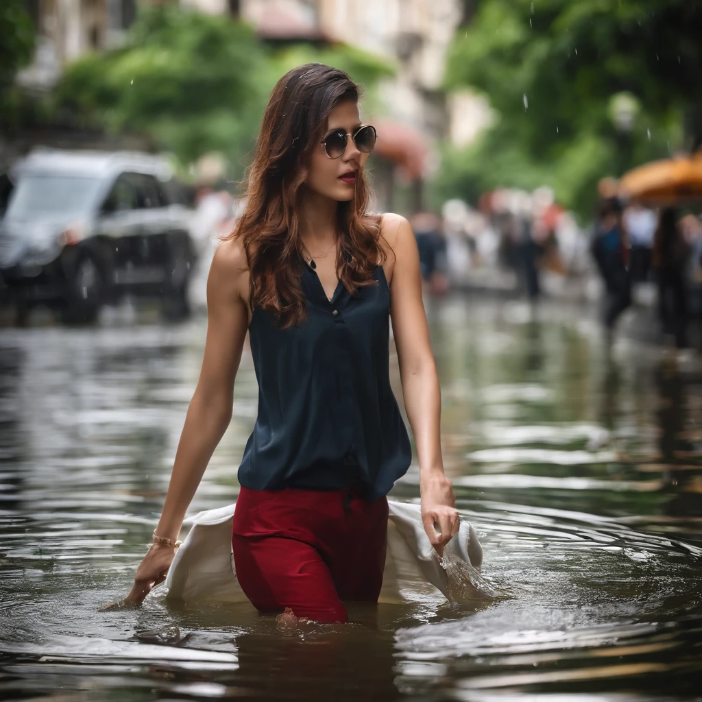 best images quality, tmasterpiece, 超高分辨率, (Fidelity:1.4), photore, 1 rapariga,Rained,rainwater, white shirt, worn jeans, White sneakers,water stain,soaking wet, Dimly lit, darkly, be desperate, pitying, Poor, cinematic ligh, teardrop, tear drop, (torn laundry:1.5), (wetclothes:1.4), exposed bare shoulders, Real rain, Wet hair,