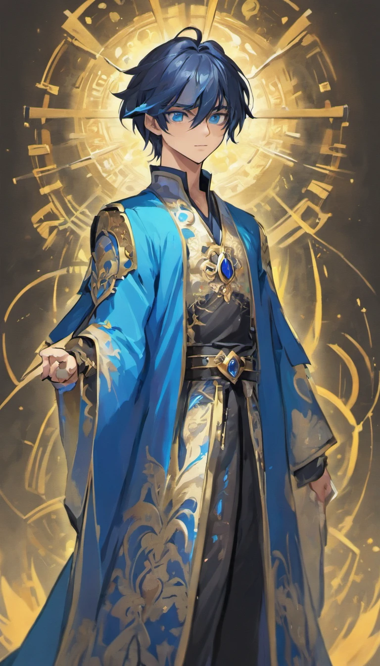quadratic element,style of anime,mtu(Male Warrior),The proportions are correct,Face details,swordsmen,long whitr hair,High ponytail hairstyle,Neck details,There is an Adam's apple,Blue suit,kaftan,long blue robes,clothes details,Handing over,longer sleeves,Game quality,Swordsmanship,Light and shadow tracking,Ray traching,detailed glow,cg render,hair detail,Black long hair,blue colored eyes,Handsome,Handsome,(adult man),Clothing is complicated,Perfectcomposition,Refinement,high qulity,higher details,Lots of details,The background is complex,a sense of atmosphere,