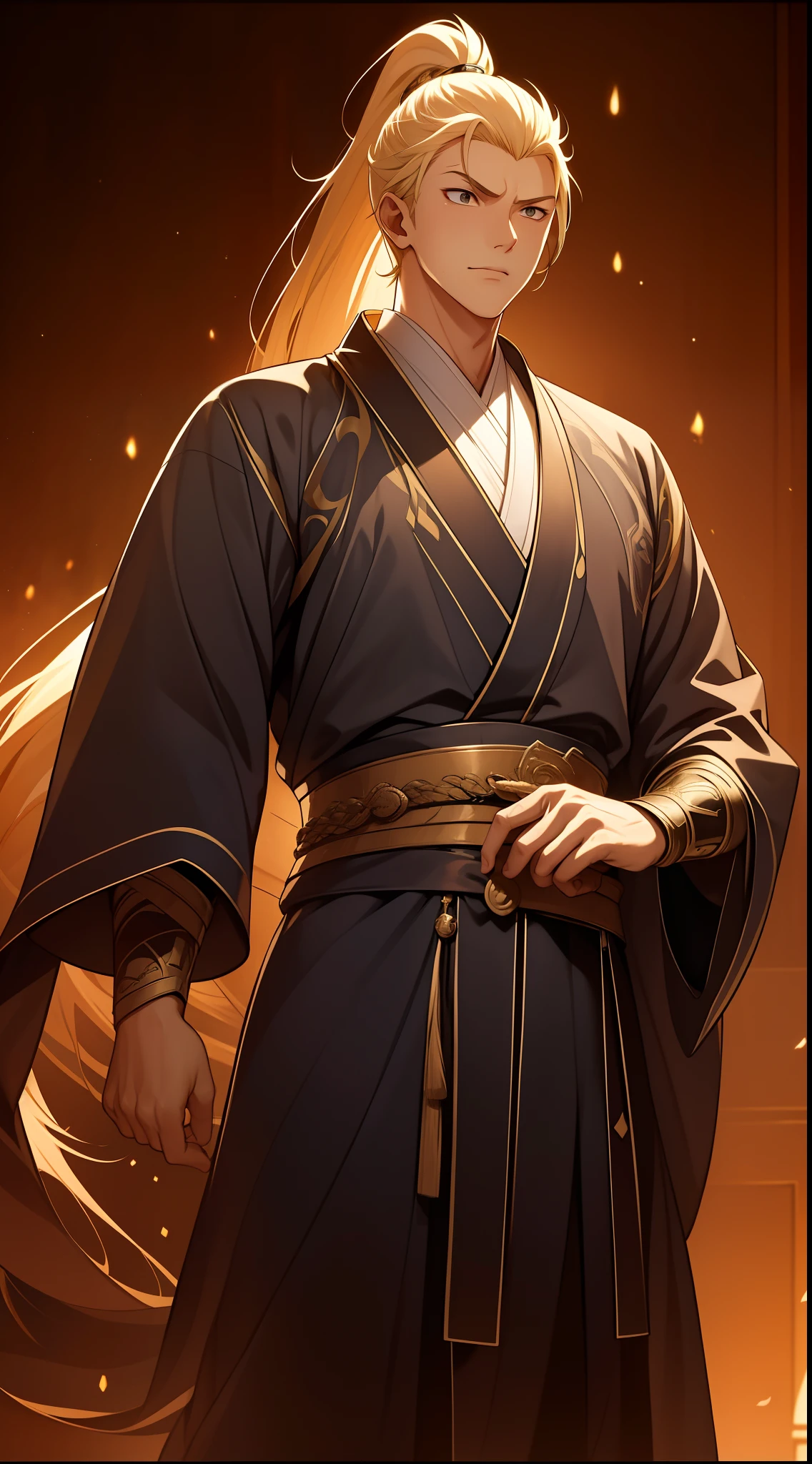 quadratic element,style of anime,mtu(Male Warrior),The proportions are correct,Face details,swordsmen,High ponytail hairstyle,Neck details,There is an Adam's apple,Blue suit,kaftan,long blue robes,clothes details,Handing over,longer sleeves,Game quality,Swordsmanship,Light and shadow tracking,Ray traching,detailed glow,cg render,hair detail,Yellow long hair,blue colored eyes,Handsome,Handsome,(juvenile sense),Clothing is complicated,Perfectcomposition,Refinement,high qulity,higher details,Lots of details,The background is complex,a sense of atmosphere,