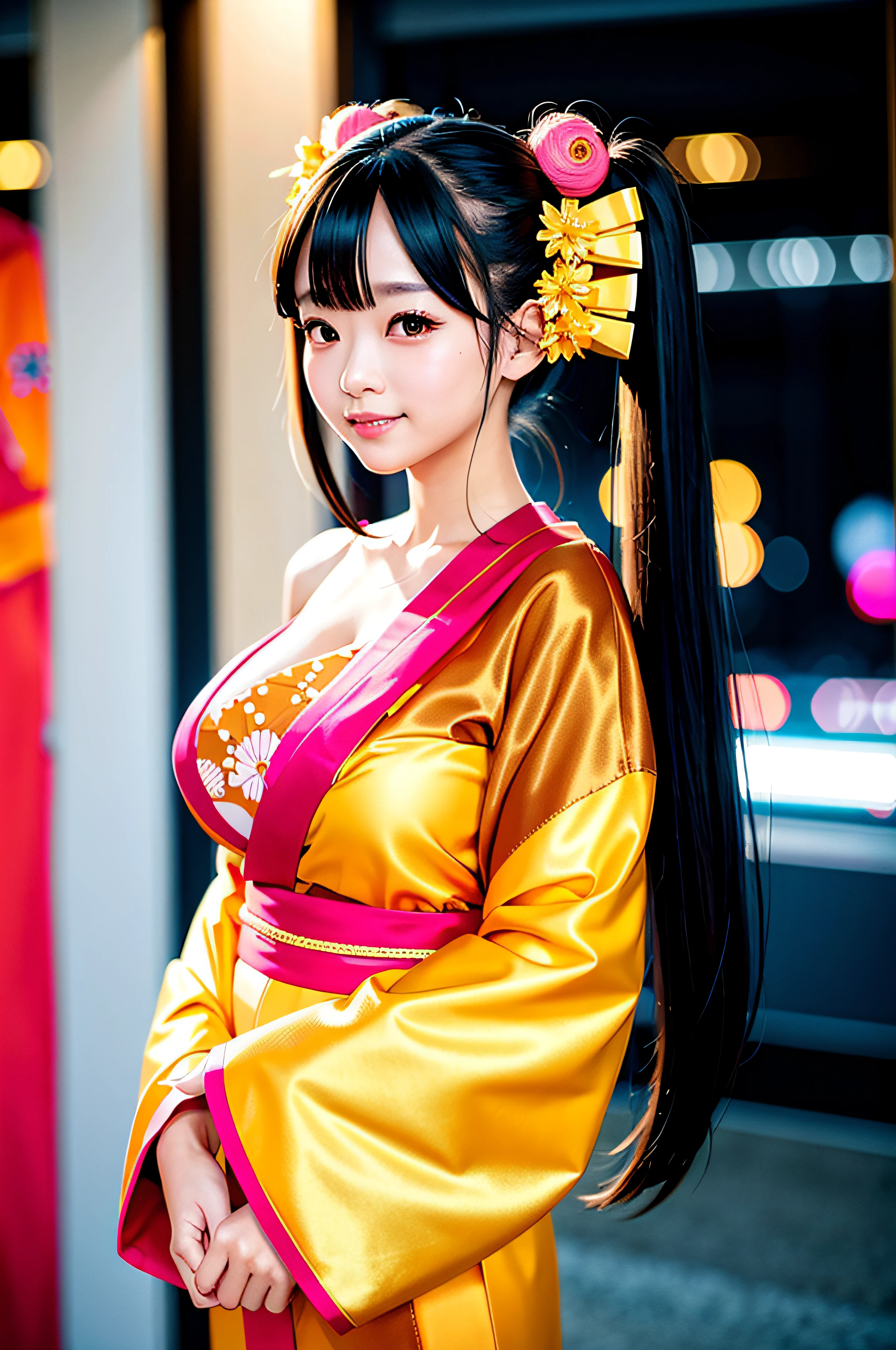 ((gorgeous transparent Golden kimono:1.2)),((gorgeous orange kimono)),((gorgeous pink kimono)),((gorgeous red kimono)),((royal textured kimono)), (((smile:1.0, laugh:1.0))),
1girl, solo, makeup, highres, large breasts:1.4 , cleavage, looking at viewer, smile, bangs, bare shoulders, black hair,collarbone, crossed bangs, hair between eyes, hair ornament, hair ribbon, huge breasts, japanese clothes, large breasts, long hair,mask, mask on head,( off shoulder), parted lips, red eyes, red kimono, red ribbon, ribbon, striped ribbon, taihou \(azur lane\), twintails, very long hair, wide sleeves,(shiny skin), sash,night time, detailed background, Cyberpunk world, Modern metropolis, neon,sfw:1.8,(cowboy shot)