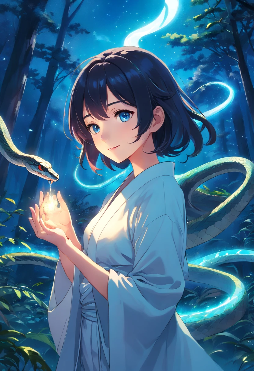 1 girl, Snake body, captivatinggaze, Silky black hair, white robe,Glowing tattoos, blue eyes, Seductive smile, mystical aura, Serpentine forest background, Moonlit Night, Swirling mist, Ethereal beauty, fantastical creature, surreal atmosphere, Enchantment, mesmerizing charm, Magical power