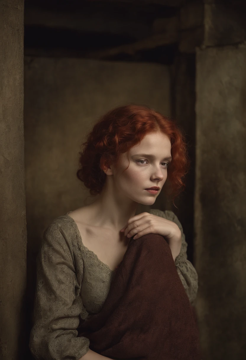 woman in basement, alone, grim atmosphere, jan saudek style, curly red hair