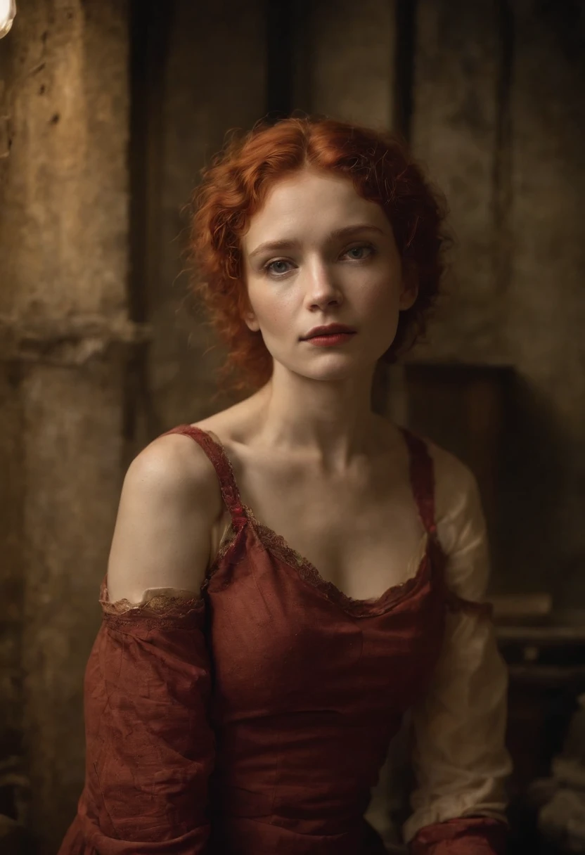 woman in basement, alone, grim atmosphere, jan saudek style, curly red hair