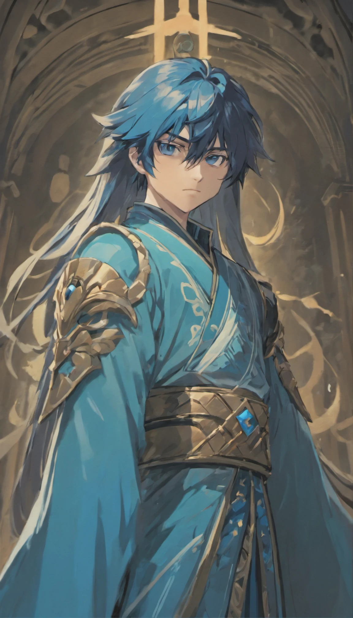 quadratic element，style of anime，mtu（Male Warrior），The proportions are correct，Face details，swordsmen，High ponytail hairstyle，Neck details，There is an Adam's apple，Blue suit，kaftan，long blue robes，clothes details，Handing over，longer sleeves，Game quality，Swordsmanship，Light and shadow tracking，Ray traching，detailed glow，cg render，hair detail，Black long hair，blue colored eyes，Handsome，Handsome，（juvenile sense），Clothing is complicated，Perfectcomposition，Refinement，high qulity，higher details，Lots of details，The background is complex，a sense of atmosphere，