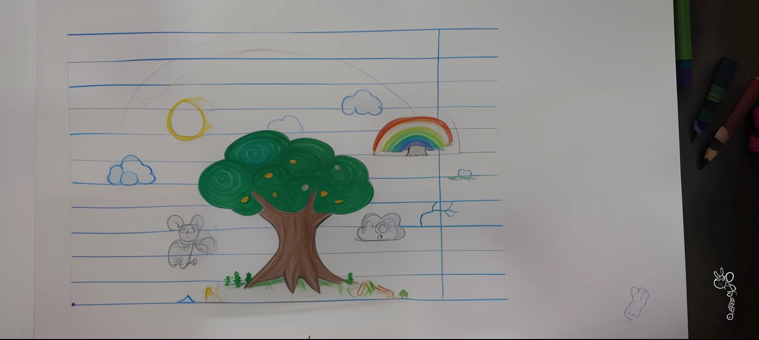 a close up of a child's drawing of a tree and a rainbow, ???'s drawing, a child's drawing, child's drawing, 7 year old crayon drawing, childs drawing, childrens drawing, colored drawing, based on child's drawing, children's artwork, rainbows in the background, children's drawing, children’s drawing, color drawing, crayons on paper