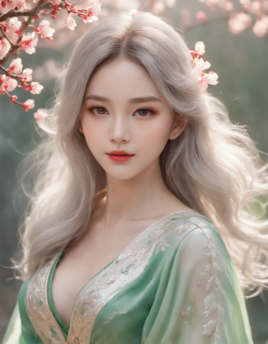 There is a girl in a green dress, plum blossoms, palaces, oriental architecture ray tracing, {best quality}, {{masterpiece}}, extremely detailed 8K wallpaper, {an extremely delicate and beautiful}, colorful, intricately detailed, Realistic, real, camera quality, (detailed depiction of clothes), cool white skin, (detailed depiction of blush), 1080p, sun, soft cuteness, smooth light silver hair, messy beauty, lighting, broken feeling, bright and silky skin , 3D stereoscopic, masterpiece, best quality, super fine illustration, beautiful eyes, very fine light, fine glow, very fine 8K CG wallpaper, peach eyes, red pupils, an extremely delicate and beautiful girl, 8k Wallpaper, best quality, full body close-up, white long dress, luxurious silky bright red chiffon floodlight (magic, glitter, ultra-thin, soft,) Hanfu