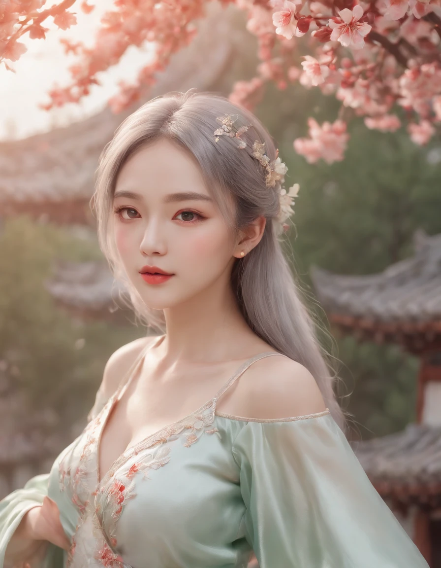 There is a girl in a green dress, plum blossoms, palaces, oriental architecture ray tracing, {best quality}, {{masterpiece}}, extremely detailed 8K wallpaper, {an extremely delicate and beautiful}, colorful, intricately detailed, Realistic, real, camera quality, (detailed depiction of clothes), cool white skin, (detailed depiction of blush), 1080p, sun, soft cuteness, smooth light silver hair, messy beauty, lighting, broken feeling, bright and silky skin , 3D stereoscopic, masterpiece, best quality, super fine illustration, beautiful eyes, very fine light, fine glow, very fine 8K CG wallpaper, peach eyes, red pupils, an extremely delicate and beautiful girl, 8k Wallpaper, best quality, full body close-up, white long dress, luxurious silky bright red chiffon floodlight (magic, glitter, ultra-thin, soft,) Hanfu