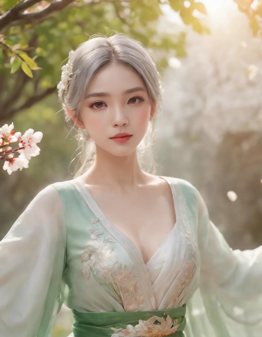 There is a girl in a green dress, plum blossoms, palaces, oriental architecture ray tracing, {best quality}, {{masterpiece}}, extremely detailed 8K wallpaper, {an extremely delicate and beautiful}, colorful, intricately detailed, Realistic, real, camera quality, (detailed depiction of clothes), cool white skin, (detailed depiction of blush), 1080p, sun, soft cuteness, smooth light silver hair, messy beauty, lighting, broken feeling, bright and silky skin , 3D stereoscopic, masterpiece, best quality, super fine illustration, beautiful eyes, very fine light, fine glow, very fine 8K CG wallpaper, peach eyes, red pupils, an extremely delicate and beautiful girl, 8k Wallpaper, best quality, full body close-up, white long dress, luxurious silky bright red chiffon floodlight (magic, glitter, ultra-thin, soft,) Hanfu