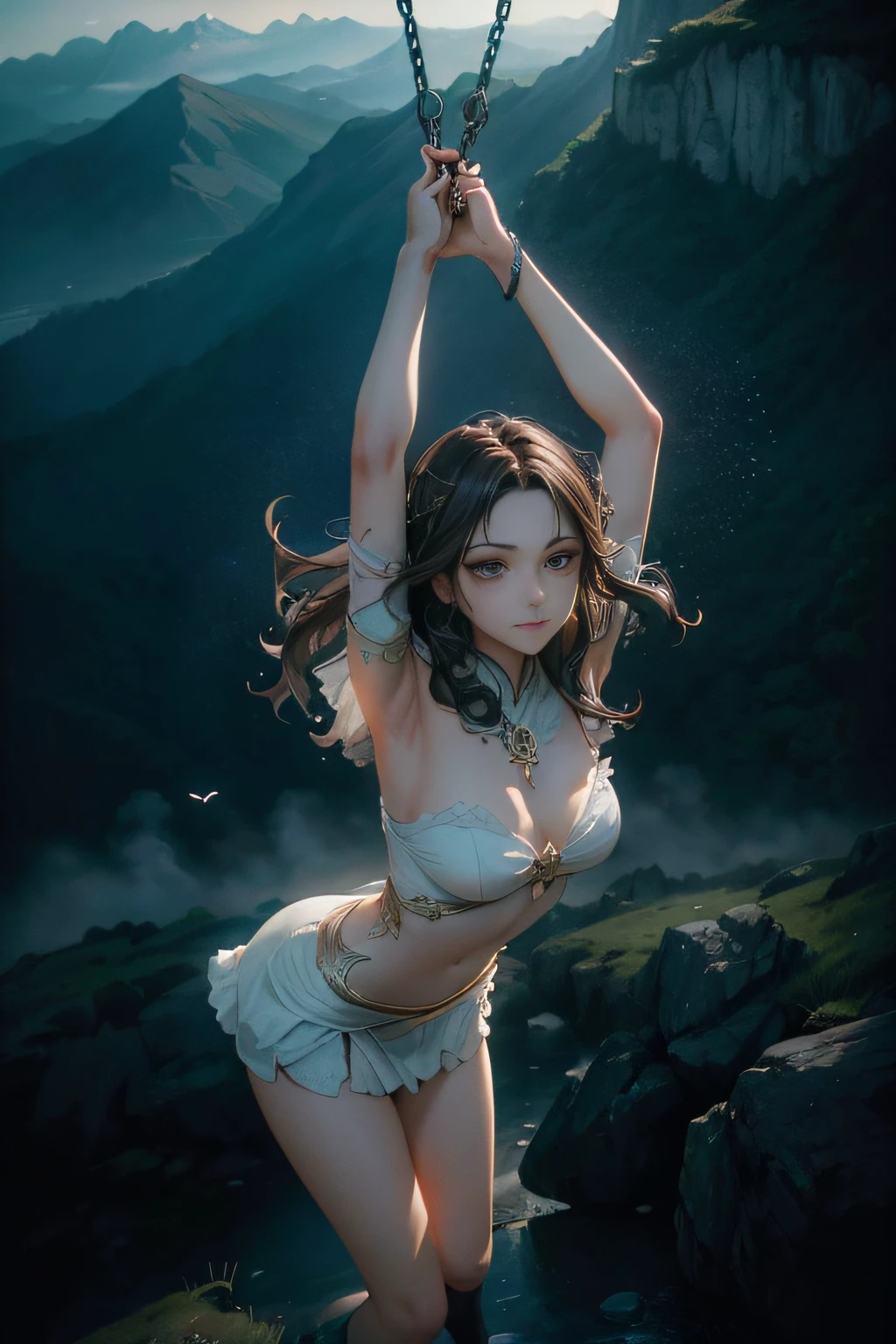 (dark brown eyes)Create images with a sense of depth and three-dimensionality,(1womanl:1.2),onimous, Glowing skin, thighs thighs thighs thighs, (Evere_Smile:1.2), detailed layered skirt armor, Analog 150mm lens、Beautiful Natural Soft Rim Light、 (masutepiece),((Ultra-detailed)), (High Definition CG Illustration), (Best Quality:1.2),realistic8K UHD, High Definition,(1girl in:1.2),high quality texture, Intricate details, Detailed texture, high detailing, extremely details CG, high quality shadow, realistic representation of face, Detailed beautiful delicate face, Detailed beautiful delicate eyes, brown eye pupil, A perfectly proportioned face, depth of fields, Cinematic Light, Lens Flare, Ray tracing,Perspective,20s, a prominent nose, Slender face, Tall Girl, (Big eyes:1.2),Blushing cheeks, Perfect body,(Narrow waist:1.3),Dutch Angle,Good anatomy),Dynamic Pose, actionpose, open pose, Dynamic Angle,reddish、verdant、mountain ranges、The dragon、Near future、ciber、sea of clouds、the morning sun、wanting、grand、(1womanl:1.2),Giant Swing、Fly over the mountains,)devastated,Shining Weapon,Dynamic Angle, Splash Art, [(Art Book: Art Book: Art Book. Art Book.:0.8)|Art by Lyubov Popova], Octane Render, Official art, Unity 8K Official Art, Unity 8k壁纸, ultra-detailliert, Beautiful and aesthetic, (Zentangle, mandalas, Tangle, Entangle), Extremely detailed, Dynamic Angle, cowboyshot, Most Beautiful Form of Chaos, Elegant, a brutalist designed, vivd colour, romanticism, by james jean, roby dwi antono, by Ross Tran, Francis Bacon, michal mraz, Adrian Ghenny, petra cortright, Gerhard Richter, Takato Yamamoto, Ashley Wood, Atmospheric, ecstasy of musical notes, streaming musical notes visible,Sun Knight,