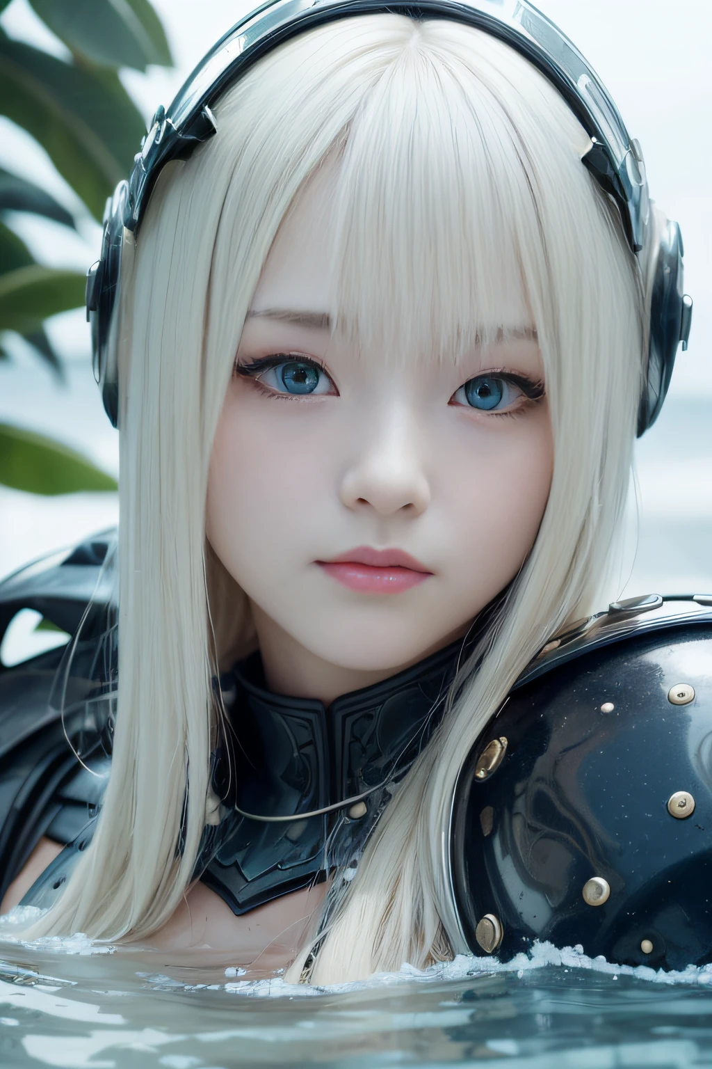 best qualtiy、masutepiece、超A high resolution、(Photorealistic:1.4)、(Underwater face:1.2)、infp young woman、small head、a small face、blonde  hair、(Decorated night helmet covering the ears:1.3)、(Richly decorated white full-body armor:1.3)、Appearance without makeup、smil、Snow open-air bath、japanese onsen、Onsen Monkey、By Michelangelo