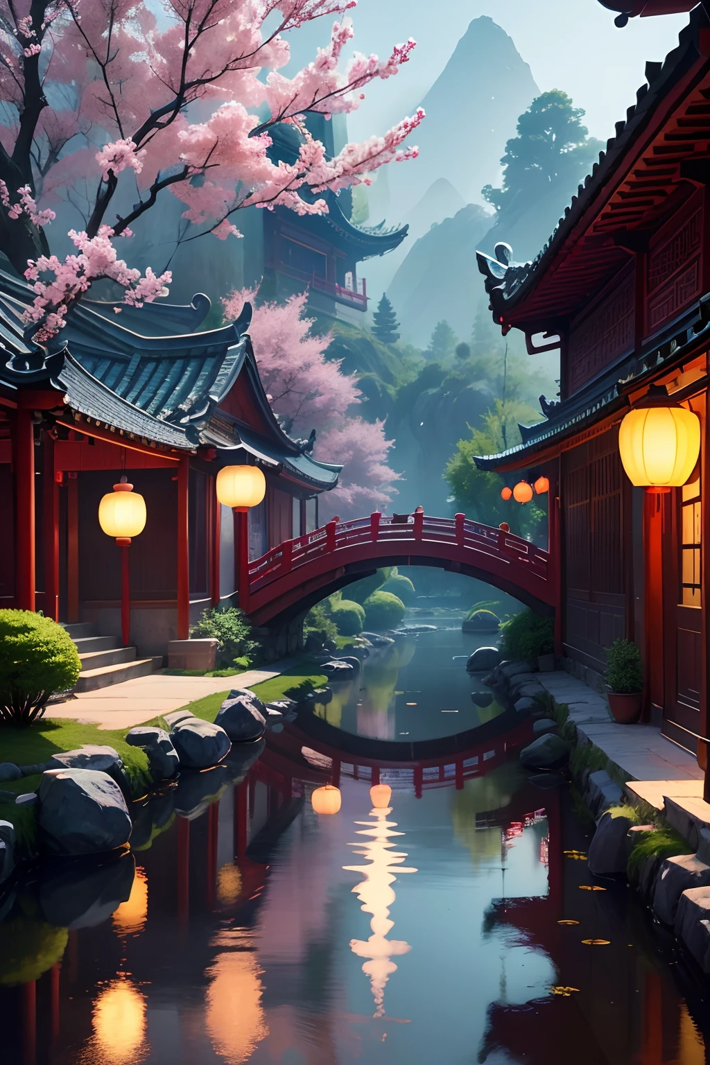 (best quality,4k,8k,highres,masterpiece:1.2),ultra-detailed,(realistic,photorealistic,photo-realistic:1.37),dreamlike Chinese town,beautiful illustration artwork, beautiful digital art, Chinese fantasy,Rosla global lighting,mobile game background,Chinese town,lanterns hanging above the river,detailed art with vivid colors,soft lighting depicting an enchanting atmosphere,traditional Chinese motifs,ethereal glow,ancient architecture with intricate details,splendid reflections on the water,harmonious blend of tradition and modernity,flourishing trees and blooming flowers,serene ambiance,placid river gently flowing through the town,peaceful and picturesque scenery,traditional Chinese lantern festival,artistic interpretation of a captivating landscape,cultural heritage and vibrant creativity,creative use of light and shadows to enhance the composition,varied textures and vibrant hues,evoking a sense of wonder and tranquility,meticulous attention to artistic details,impressive depth and perspective,immersive visual experience that captures the essence of China,rich cultural symbolism.