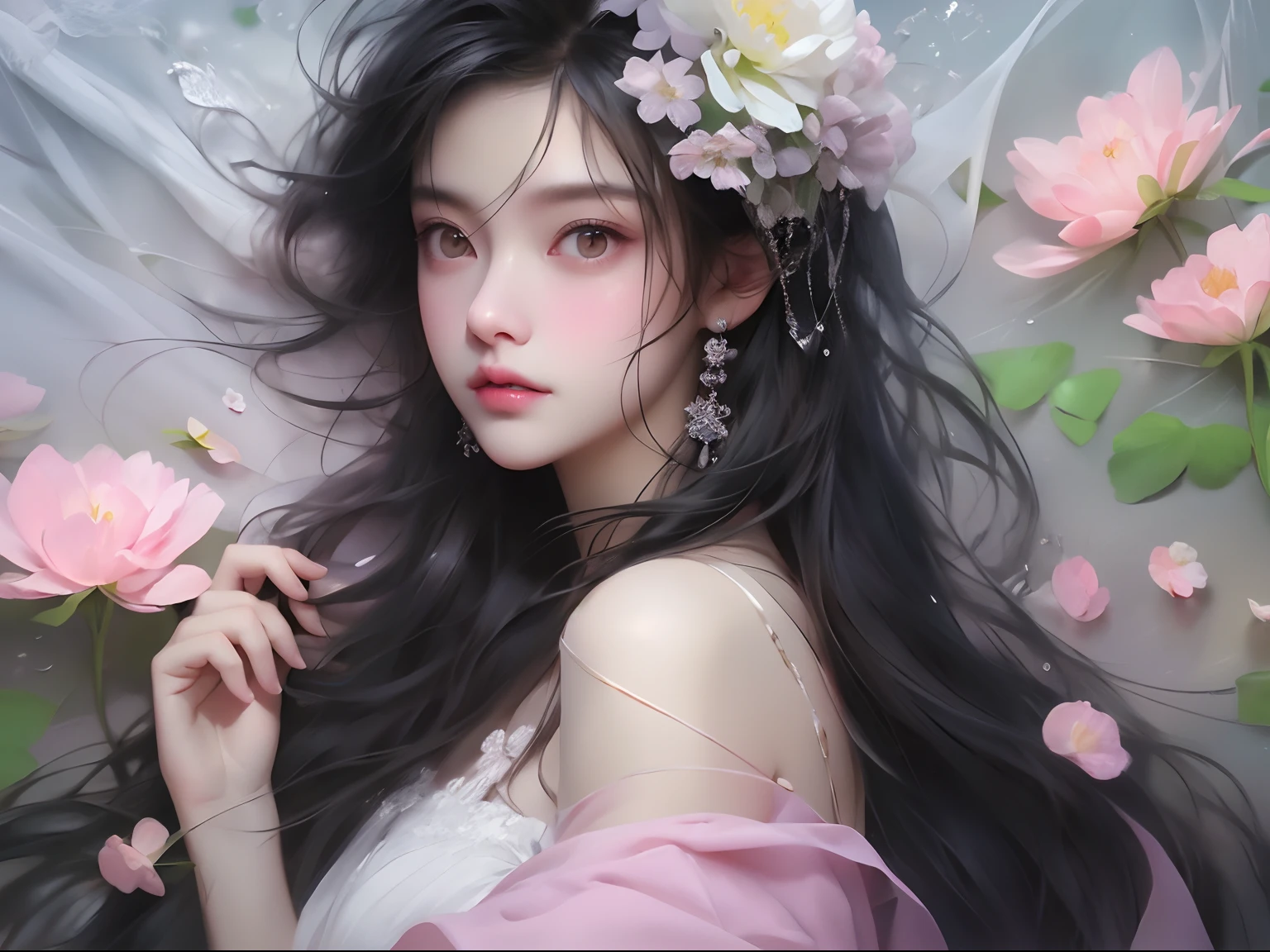 1 flat-chested girl,closeup of face,Black color hair,floated hair,Hazy beauty,Extremely beautiful facial features,Light gauze texture embroidered dress,Breezy soft gauze dress,Surrounded by flowers,Surrounded by flowers,White flowers,Pink flowers,A flower covers the right eye,Soft Light on Face,Perfect anatomy,(Flat and thin body,smallunderboob),(Slim and flat,flatchest),(Colorful flowers,(springtime, Rainy days, terraced, mountain ranges), Simple vector art, Contemporary Chinese art, the soft light,Overlooking