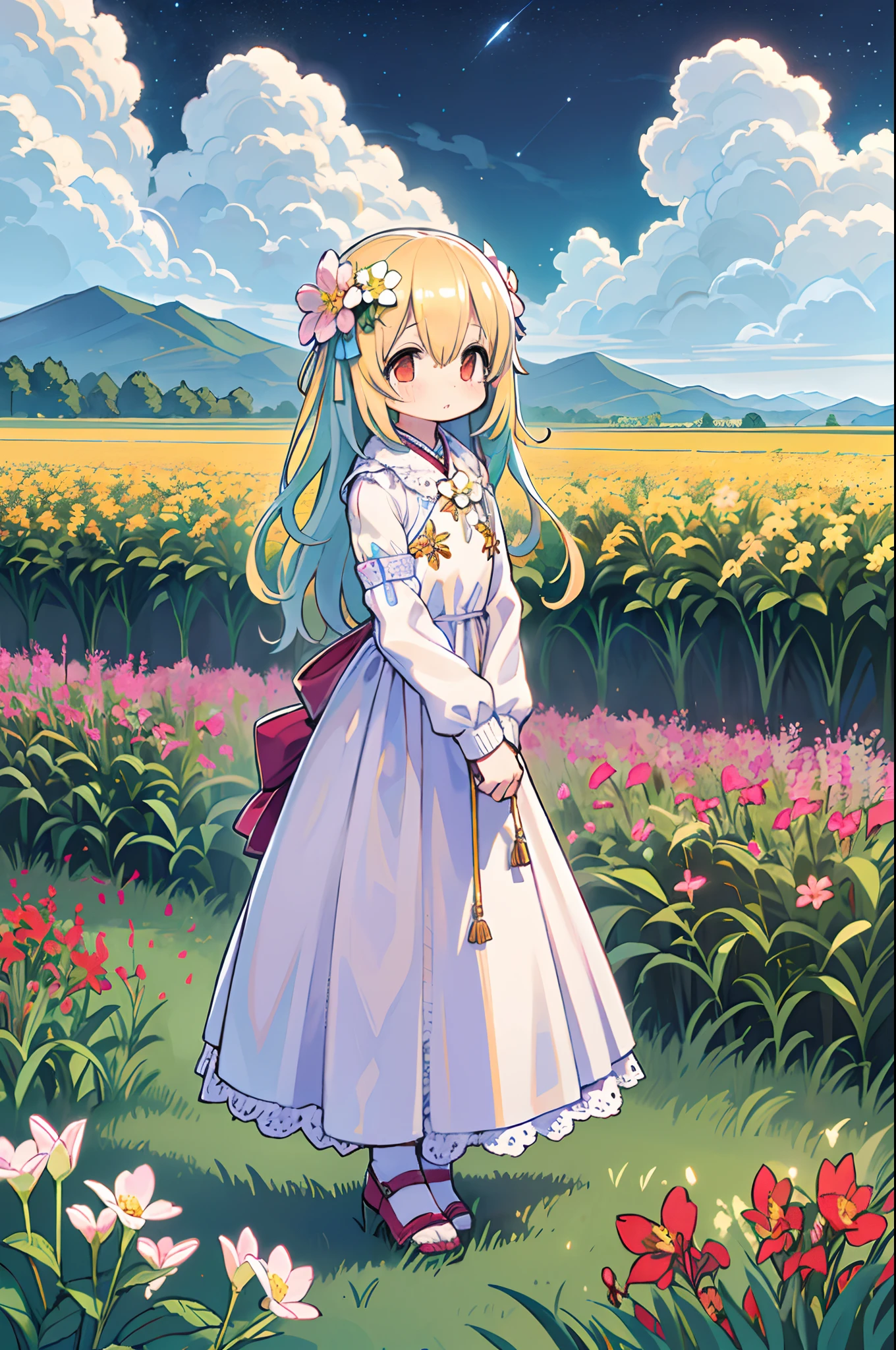 There is a girl standing in a flower field and looking up at the sky, Girl Standing In A Flower Garden, girl walking in flower field, Lost in Dreamy Wonderland, stands in a flowering field, Awesome digital painting, Sky is Xu々It will be sunny to, Starry sky is Xu々Retreat to