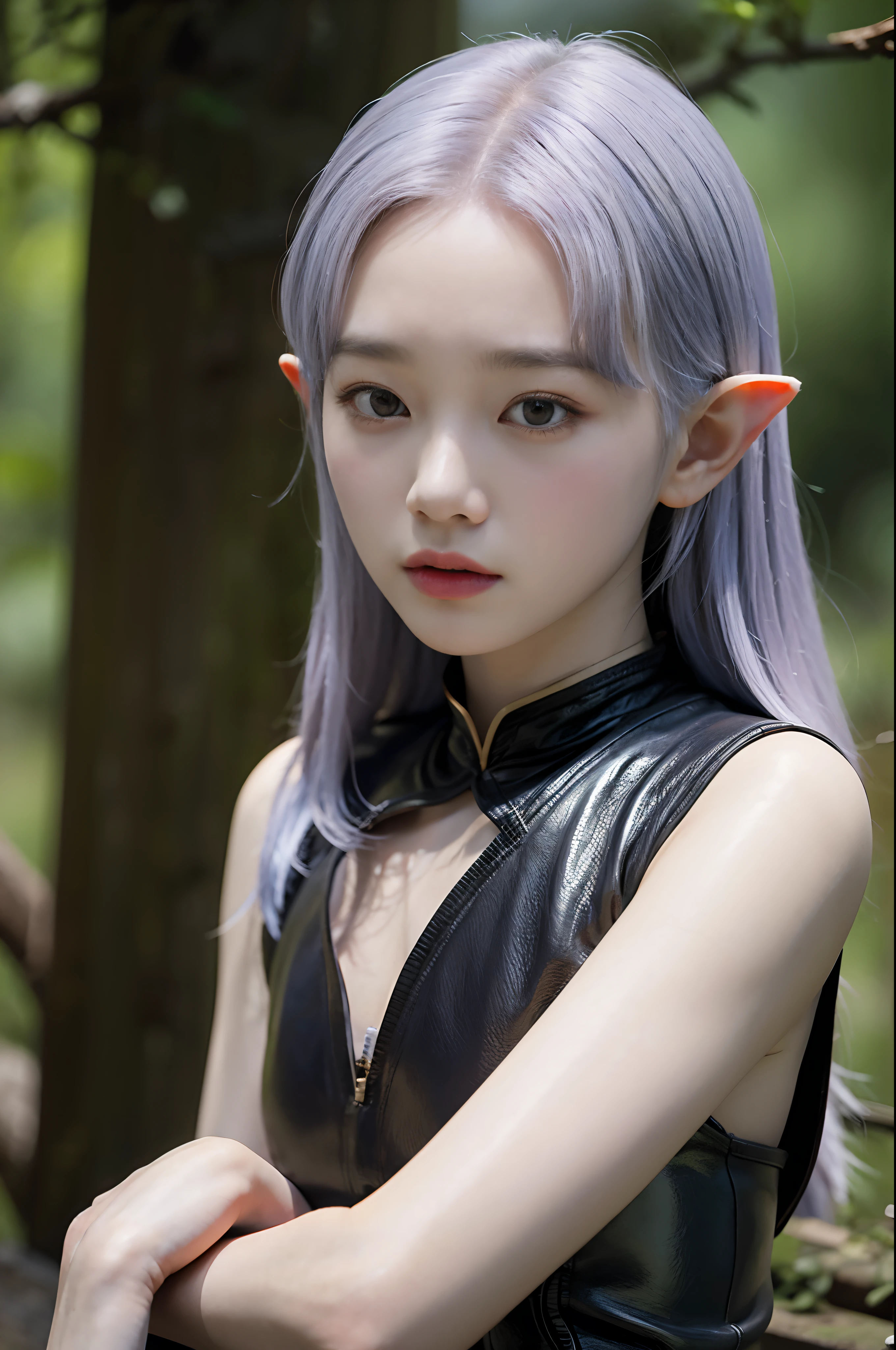 portrait of a young elf girl, kim chaewon as a sexy elf, kim chaewon is a petite young girl, masterpiece, best quality, 1girl, forest background, kim chaewon, petite girl, (red eyes), small breast, petite figure, light blue hair, face front, sexy female leather armor, emotional face, (close up portrait), make up, studio light, studio