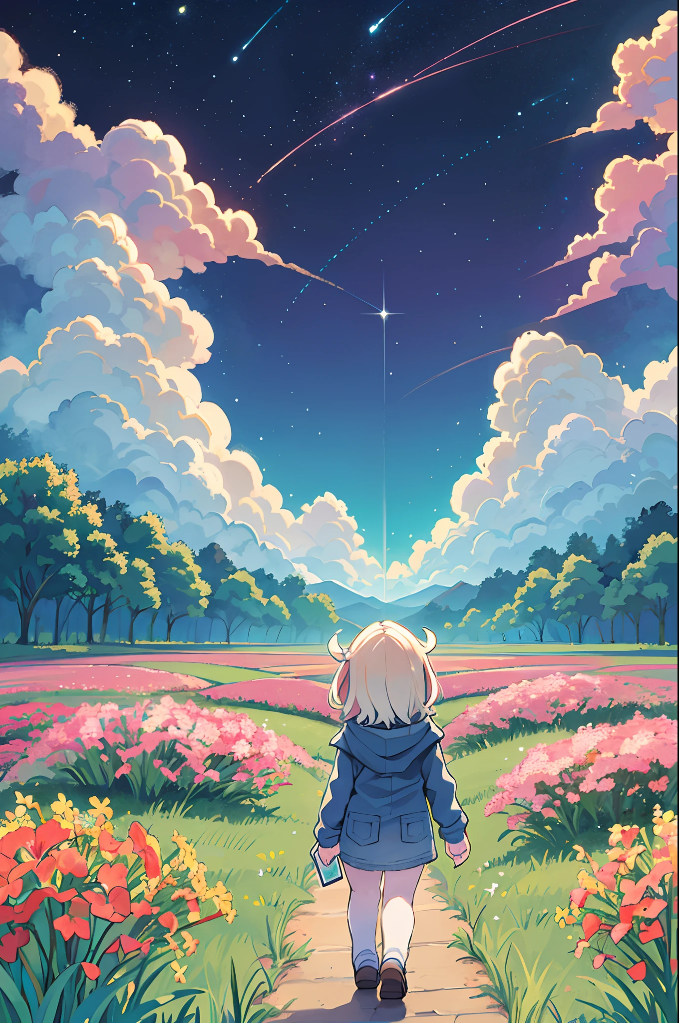 There is a girl standing in a flower field and looking up at the sky, Girl Standing In A Flower Garden, girl walking in flower field, Lost in Dreamy Wonderland, stands in a flowering field, Awesome digital painting, Sky is Xu々It will be sunny to, Starry sky is Xu々Retreat to