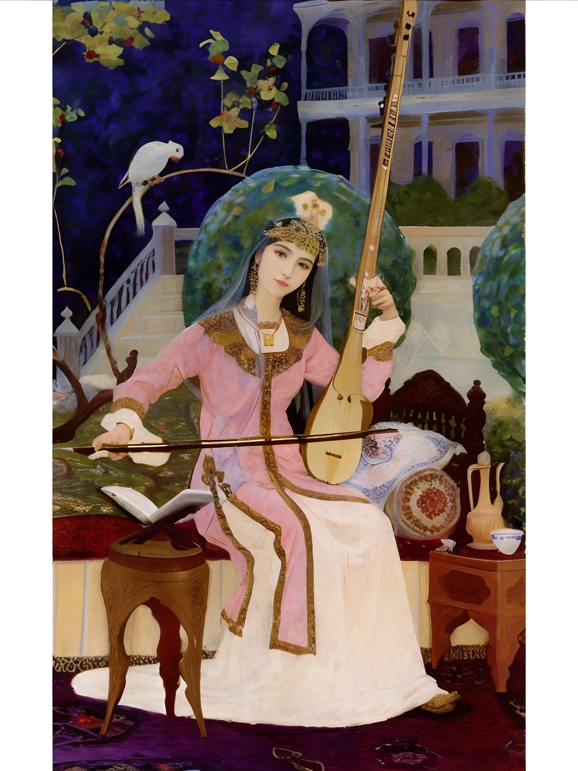 A painting of a woman sitting in a chair playing a guitar, persian princess, persian queen, musician, inspired by Osman Hamdi Bey, persian folklore illustration, persian folktale art style, Orientalist painting, is playing a lute, oriental art nouveau, persian folktale art style, persian folkore artstyle, grim vibrance orientalism