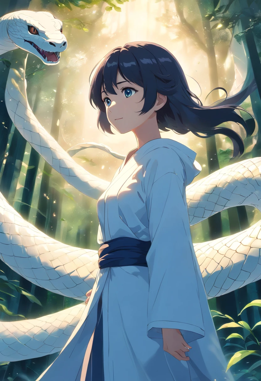 1 girl, Celestial white Snake , big white snake on the background , captivatinggaze, Silky black hair, white robe，Glowing tattoos, blue eyes, Seductive smile, mystical aura, Serpentine forest background, Moonlit Night, Swirling mist, Ethereal beauty, fantastical creature, surreal atmosphere, Enchantment, mesmerizing charm, Magical power