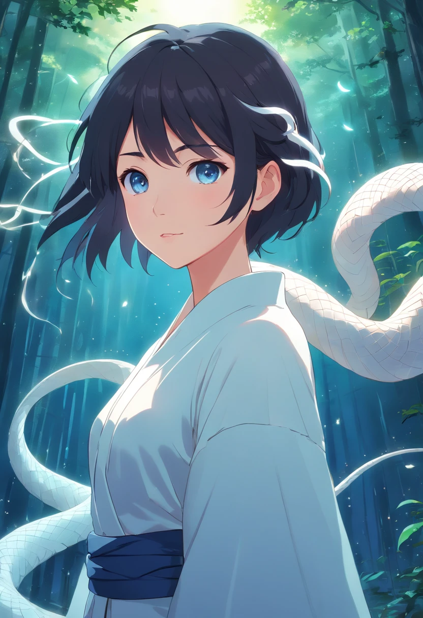 1 girl, Celestial white Snake , big white snake on the background , captivatinggaze, Silky black hair, white robe,Glowing tattoos, blue eyes, Seductive smile, mystical aura, Serpentine forest background, Moonlit Night, Swirling mist, Ethereal beauty, fantastical creature, surreal atmosphere, Enchantment, mesmerizing charm, Magical power