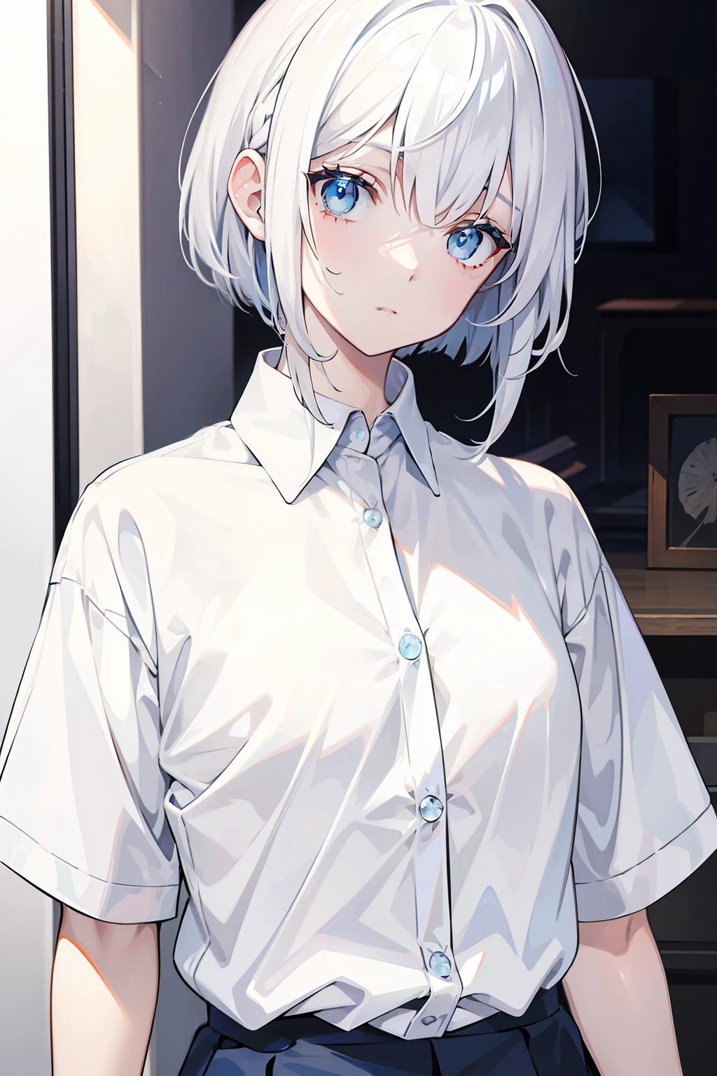 ((thawb)), braid, ((short bangs:1.4)), (white hair), (best quality:1.3), (highres1.3), (clear1.3), (8k:1.3), masterpiece, (detailed:1.1), 1girl, beautiful detailed eyes, beautiful detailed lips, extremely detailed eyes and face, long eyelashes,, blue eyes, shy smile, perfect proportion, face close up,