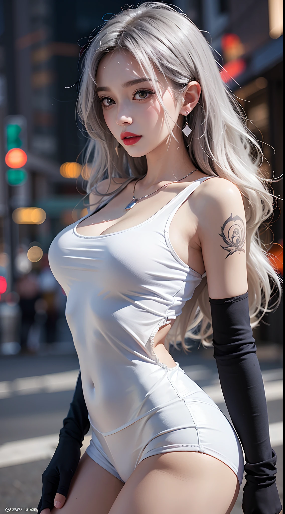 Beautiful female college student in the city，masterpiece，light makeup，Red Lip，Silver Hair，Disheveled long hair，Street Background，Grace，grace。Ultra-fine detailasterpieces，Authentic texture，Realism in film lighting，Perfect piece，8k，KHD，Delicate facial features，White skinny turtleneck top，white skinny shorts，Slim figure，Big bright eyes，Smooth skin，ear discharge，Choker Necklace,(((He has many tattoos all over his body)), (((Tight waist))), ((Big Breasts)),(See-through)，panties