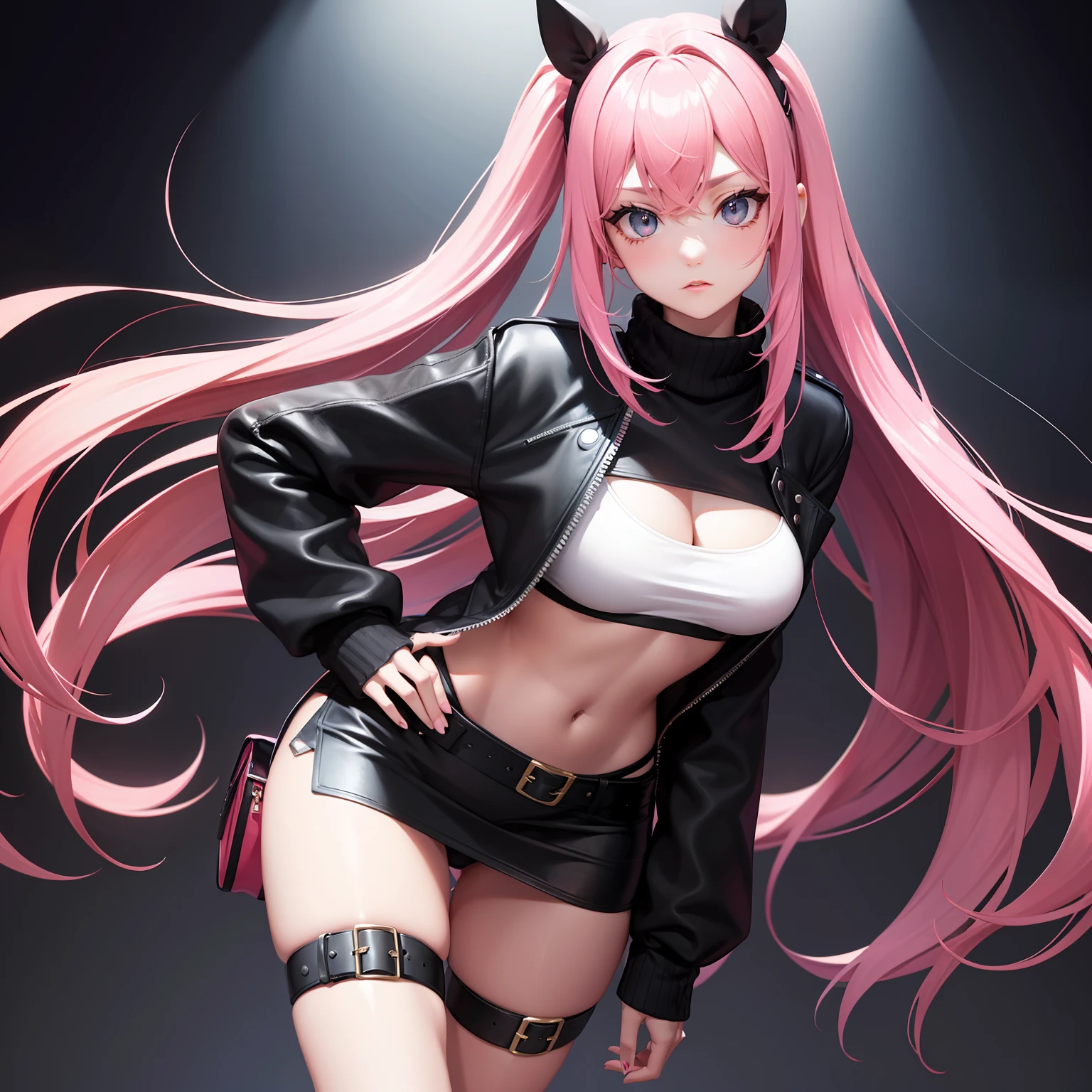 Leader of the Runaway Bad Girl, Long Black Jumper, a cool、a miniskirt, Long pink hair, Looking at the viewer, Front view,
