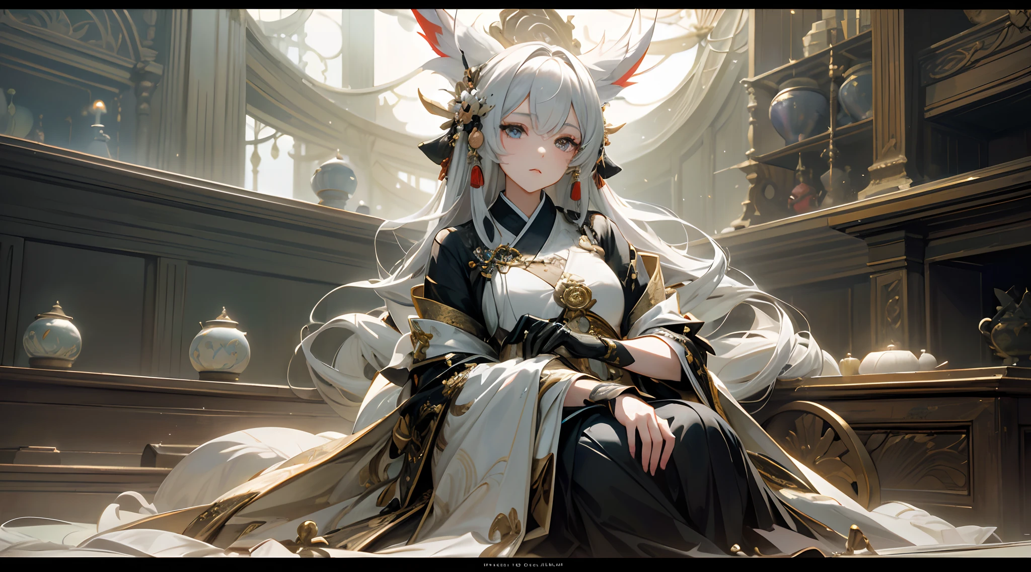 (Kimono girl with fan, Palace, A girl in Hanfu, Onmyoji detailed works, Soft anime illustration, Popular on ArtStation and Pixiv, onmyoji, Clean and complex anime art, White-haired deity, Digital art on Pixiv, Cute anime fat girl in beautiful clothes, Portrait of Onmyoji, komono)，(Best quality, 4K, 8K, A high resolution, Masterpiece:1.2), Ultra-detailed, (Realistic, Photorealistic, photo-realistic:1.37), hdr, hyper HD, Studio lighting, Ultra-fine painting, Sharp focus, Physically-based rendering, Extreme detail description, professional, Vivid colors, Bokeh, sportrait, anime big breast, Vibrant colors, Soft lighting(Best quality,4K,8K,A high resolution,Masterpiece:1.2),Ultra-detailed,(Realistic,Photorealistic,photo-realistic:1.37),Anime girl standing in bamboo forest wearing white dress, Pifi Race Champion, Starlight Fairy, aquatic creature, lunar goddess, From Arknights, ethereal anime, Digital art on Piffey, Created by Yuumei, astral ethereal, Beautiful Sky Witch, Pifi, nightcore, Fantasy anime illustration, lunar goddess, [[fantasy]], Piffey style: A gothic anime girl with long white hair and a black dress sitting on the bed. The girl has beautiful and delicate eyes, beautiful detailed lips, and a very detailed face，Long eyelashes. The setting is set at the Pixiv Art Station, Pop artist Guwitz is showing his work. The artwork is in the Guvez style, Known for its Gothic aesthetic. The overall image quality is the best, The resolution is 4K. This artwork is a masterpiece with elements of hyper-detail and realism, Photorealistic rendering. The tone of the image is mainly white, Create a tranquil and ethereal atmosphere. The lighting in the scene is carefully crafted, With studio lighting，Focus on contrast. The tip shows a gothic anime girl，Beautiful white hair and black dress, Sit on the bed of a high-quality art exhibition in Guvíz, In his famous artistic style, All with special attention to detail and realism.(Best quality,4K,8K,A high resolution,Masterpiece:1.2),