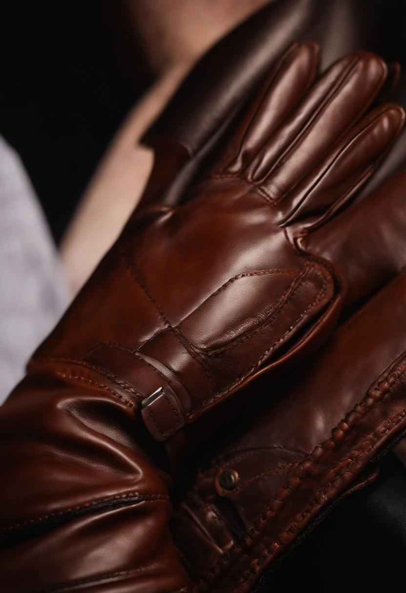 brown leather gloves, focus on gloves